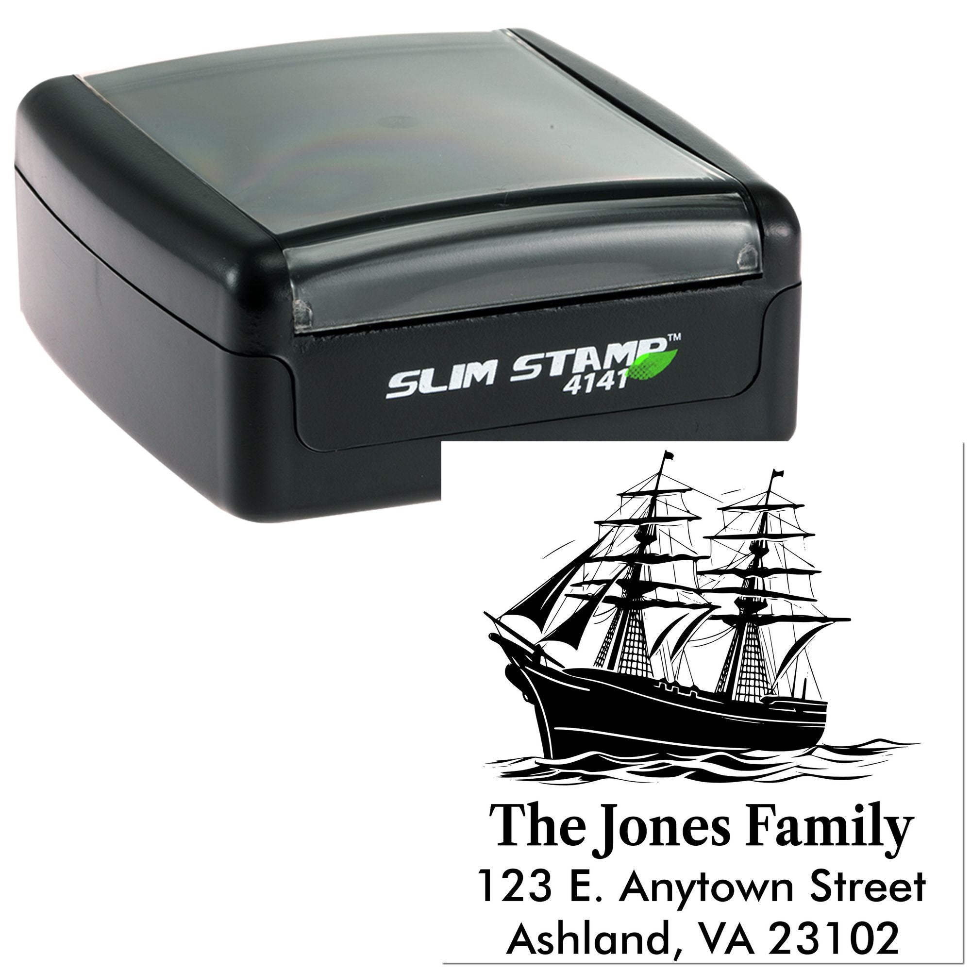 Custom self-inking rubber stamp with nautical ship design and address imprint for The Jones Family.