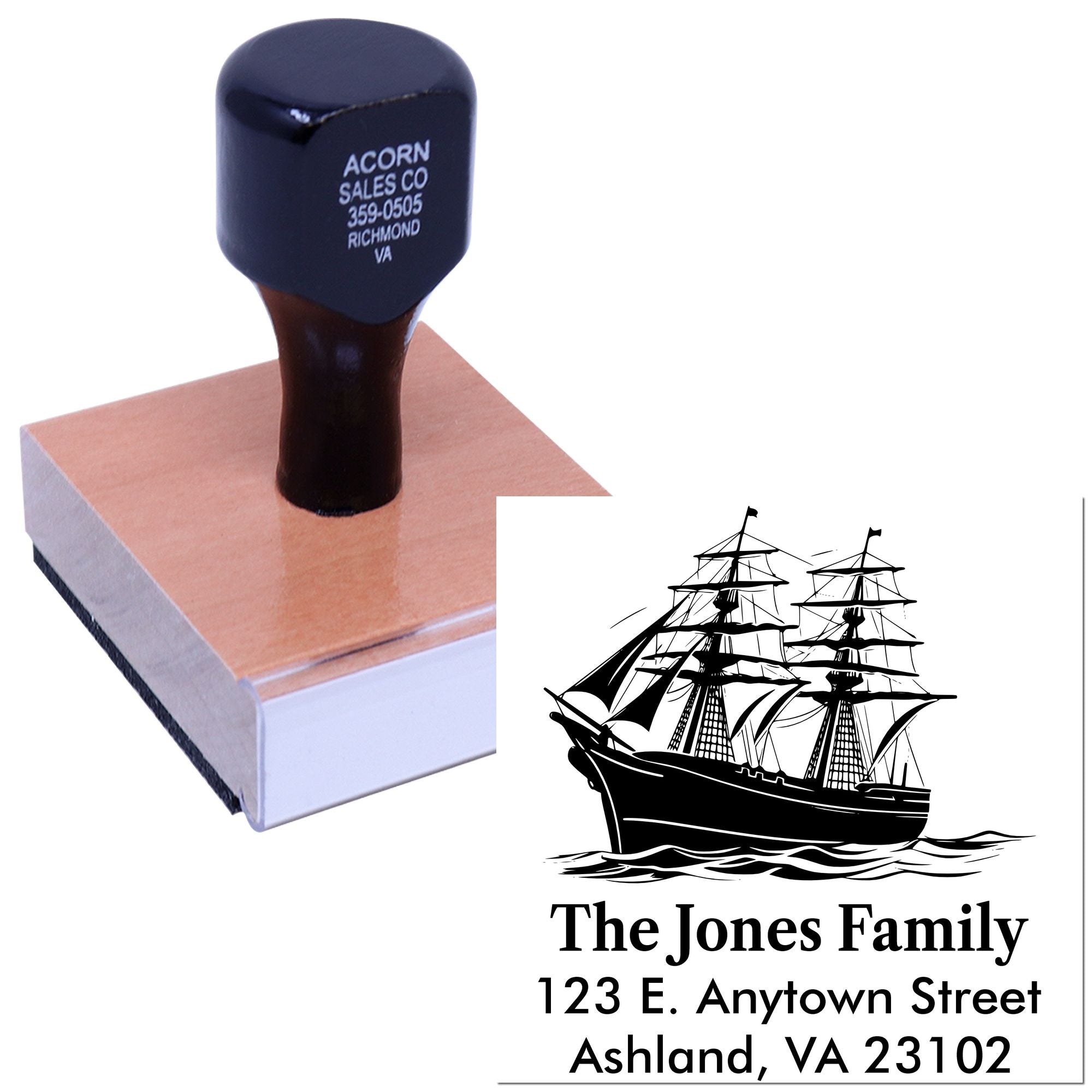 Custom address rubber stamp with sailing ship logo for personalized family return mailing labels.