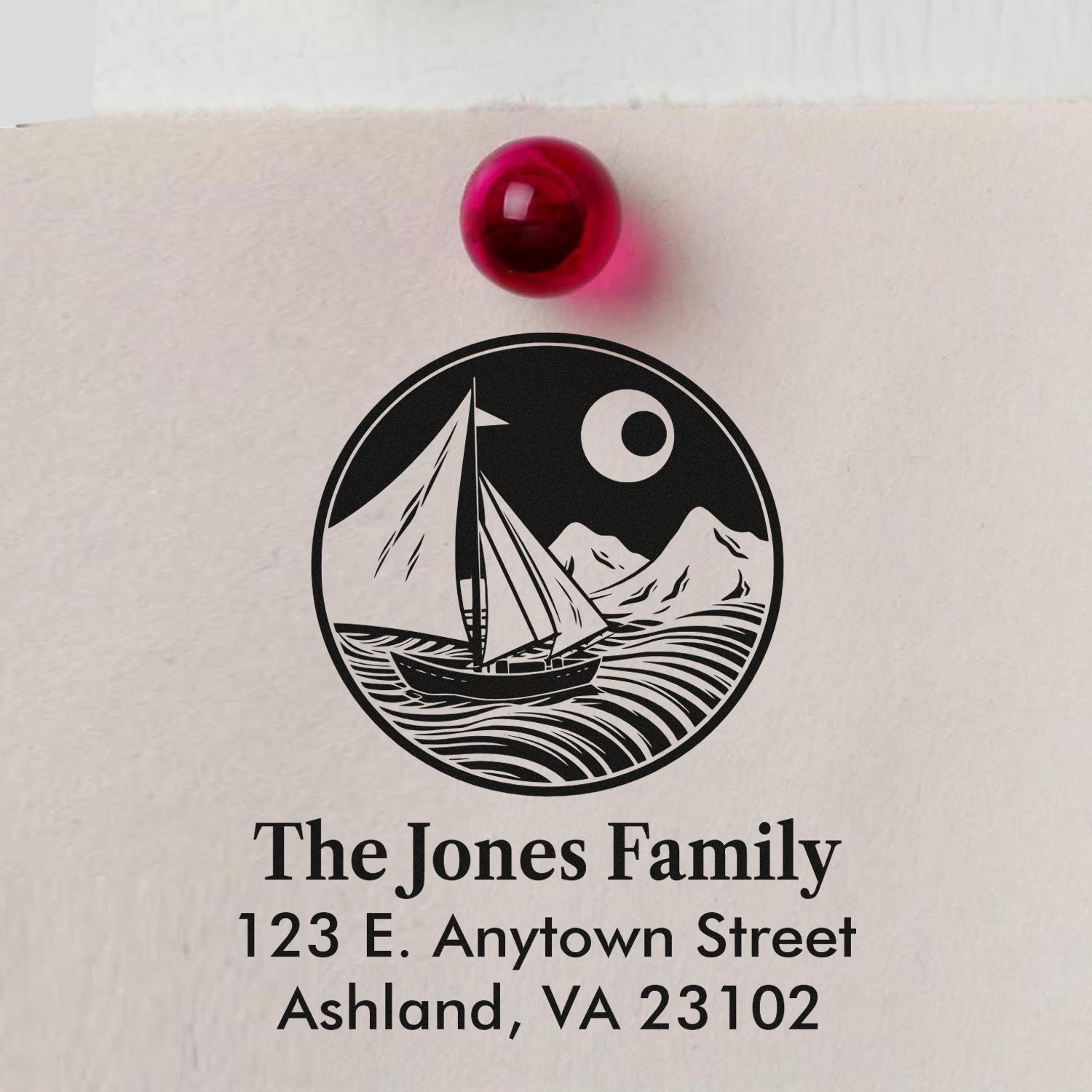 Custom return address rubber stamp with sailboat logo for The Jones Family, Ashland, VA.