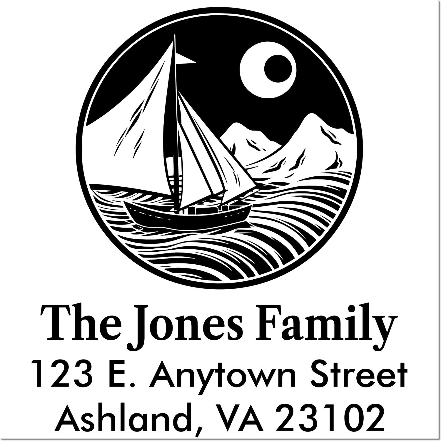 Custom nautical return address rubber stamp with sailboat logo for The Jones Family, Ashland, VA 23102.