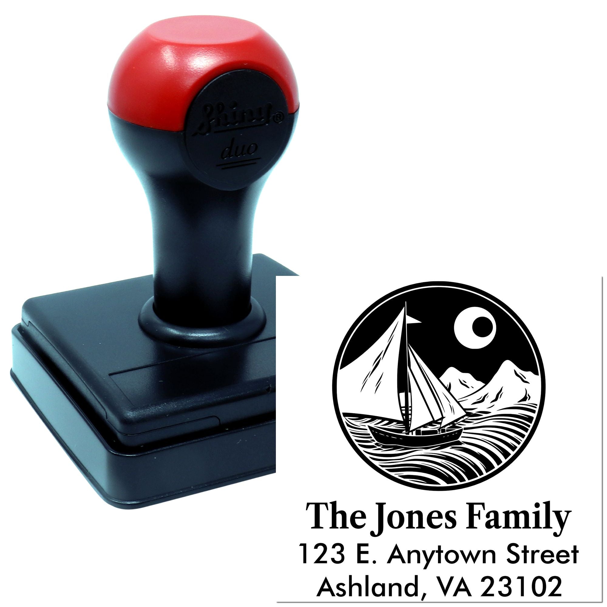 Custom self-inking rubber address stamp with sailboat design for family mail, cards, and personalized return addresses.