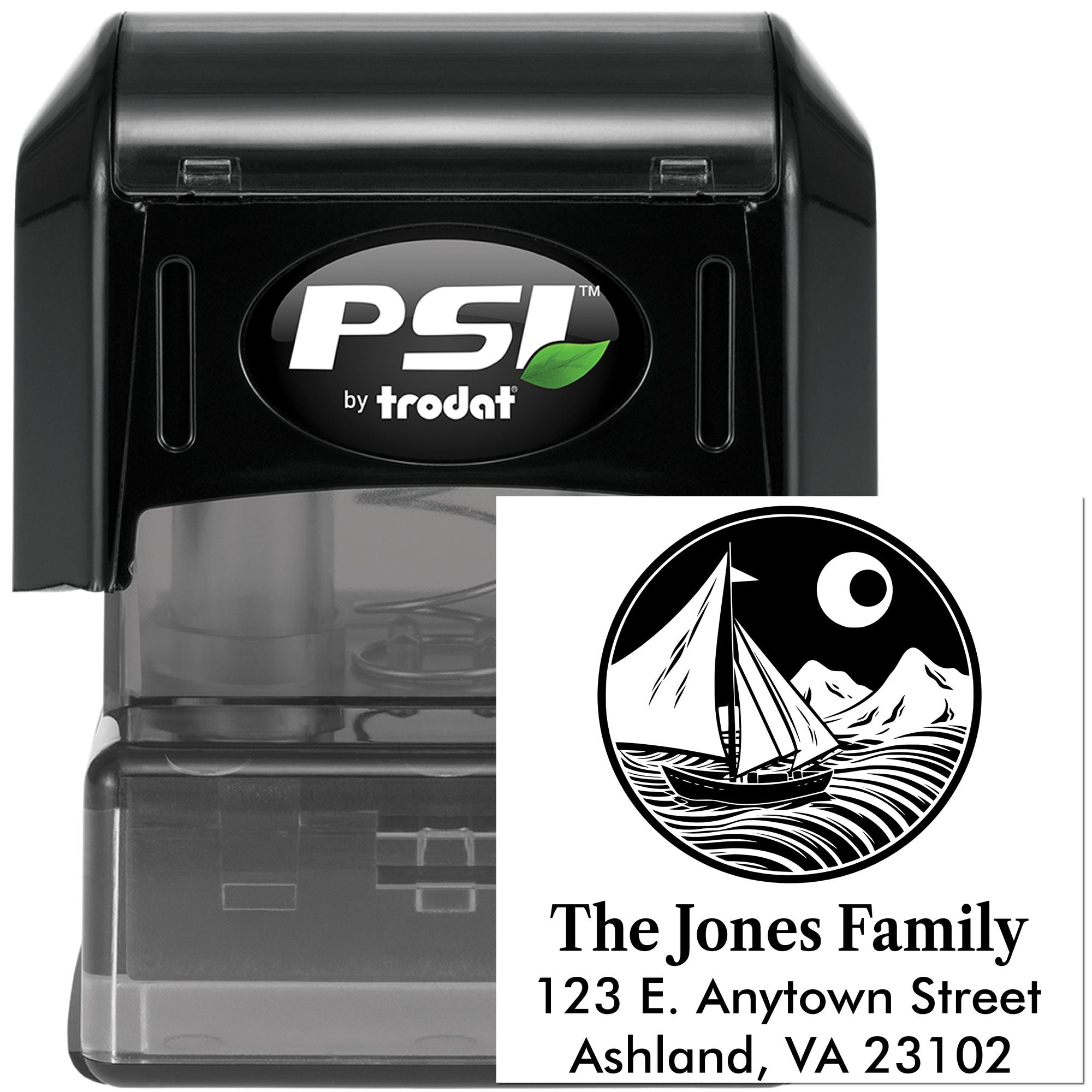 Personalized self-inking rubber address stamp by PSI Trodat with sailboat family logo and return address design.