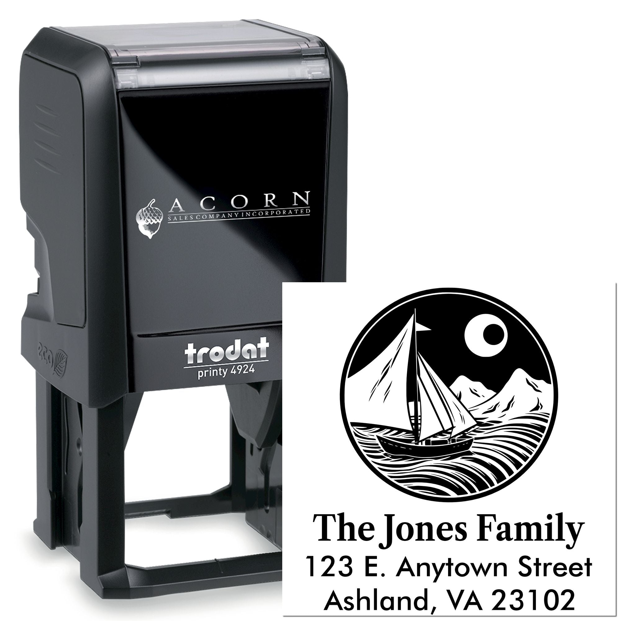 Custom self-inking rubber address stamp with sailboat logo, family name, and return address for personalized mailing.