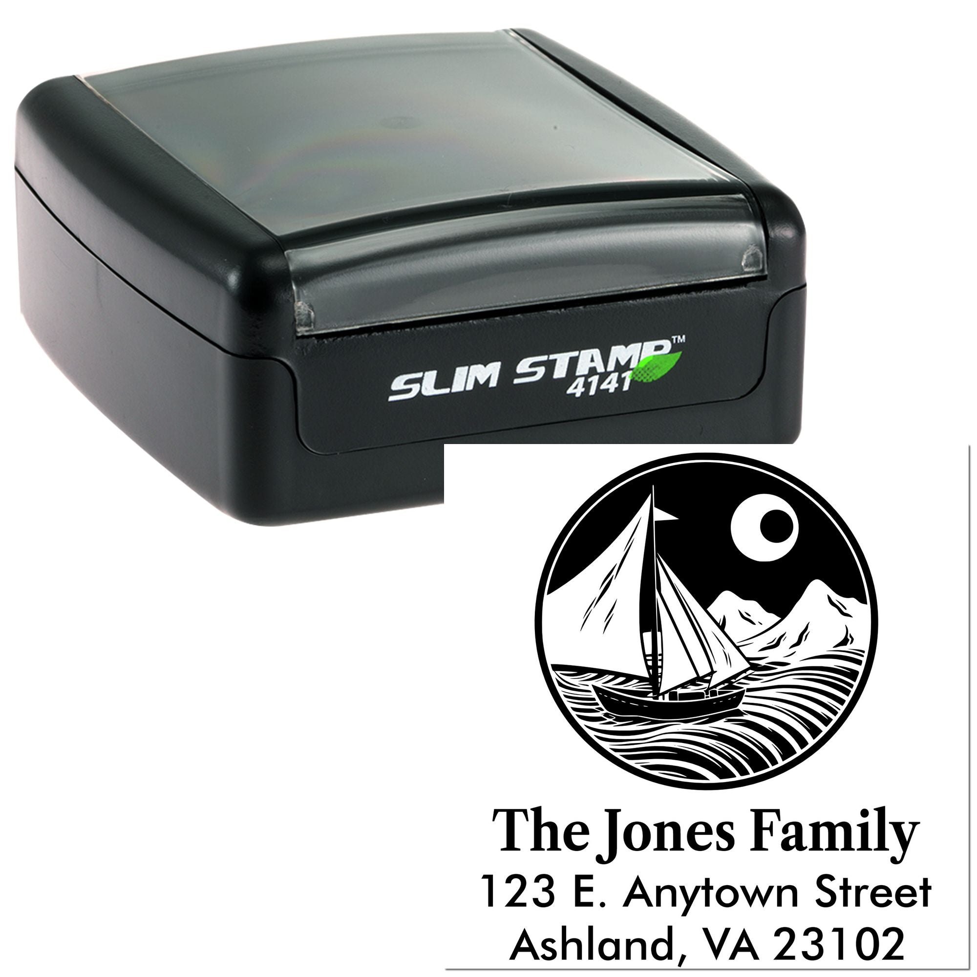 Custom self-inking rubber address stamp with sailboat family return address design on Slim Stamp 4141.