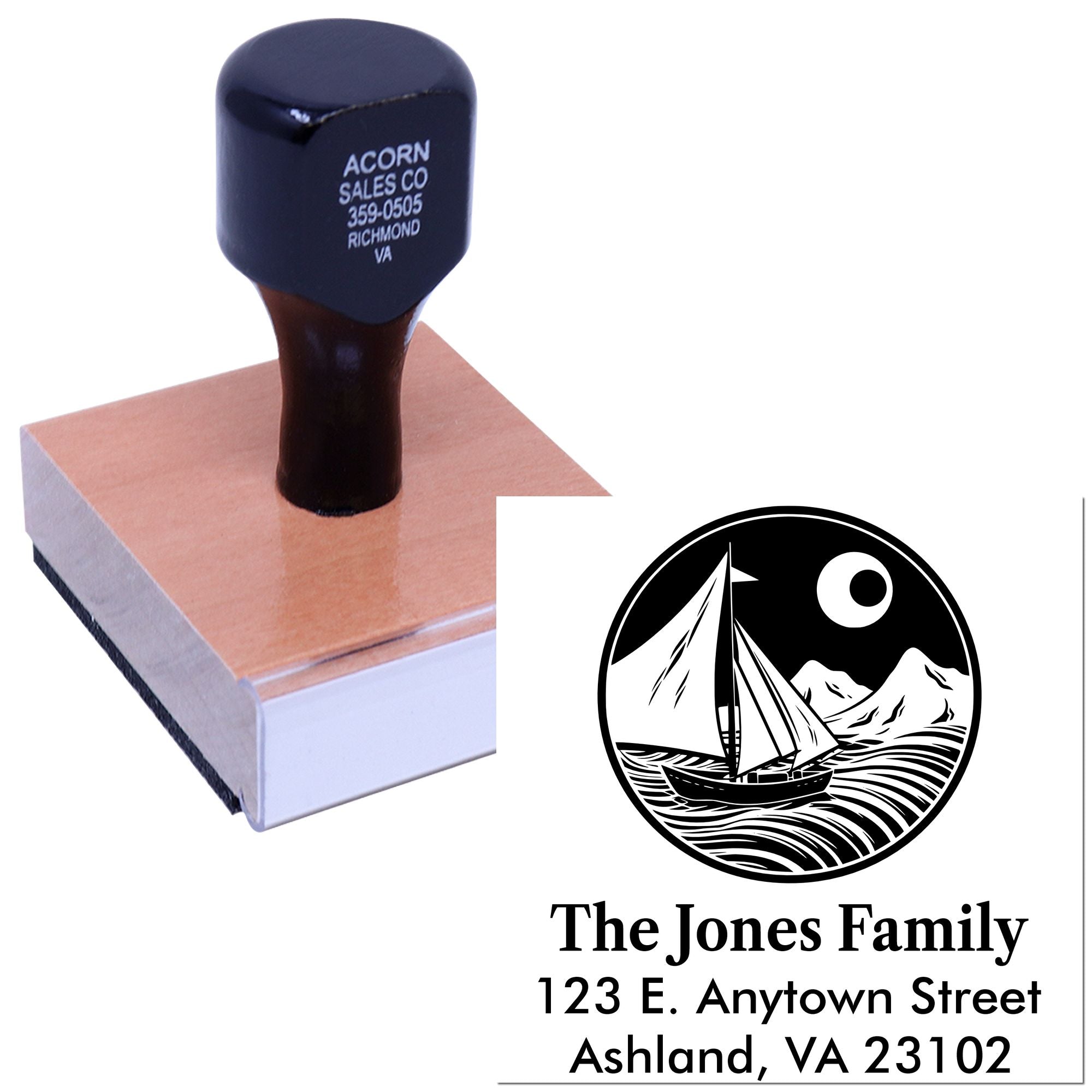 Custom address rubber stamp with sailboat logo, family name, and return mailing address for personalized correspondence.