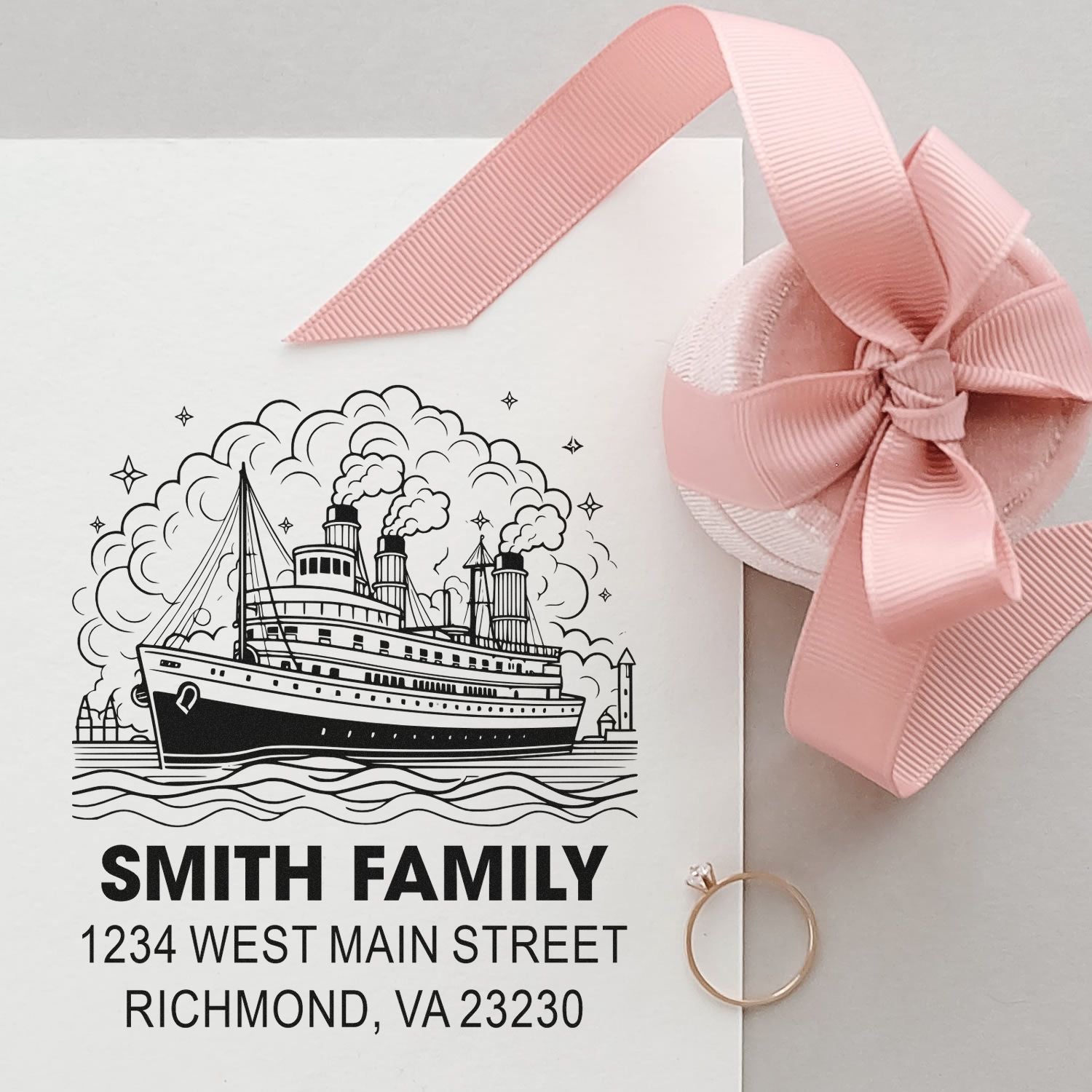 Custom return address rubber stamp with nautical ship design for personalized envelopes and wedding stationery.