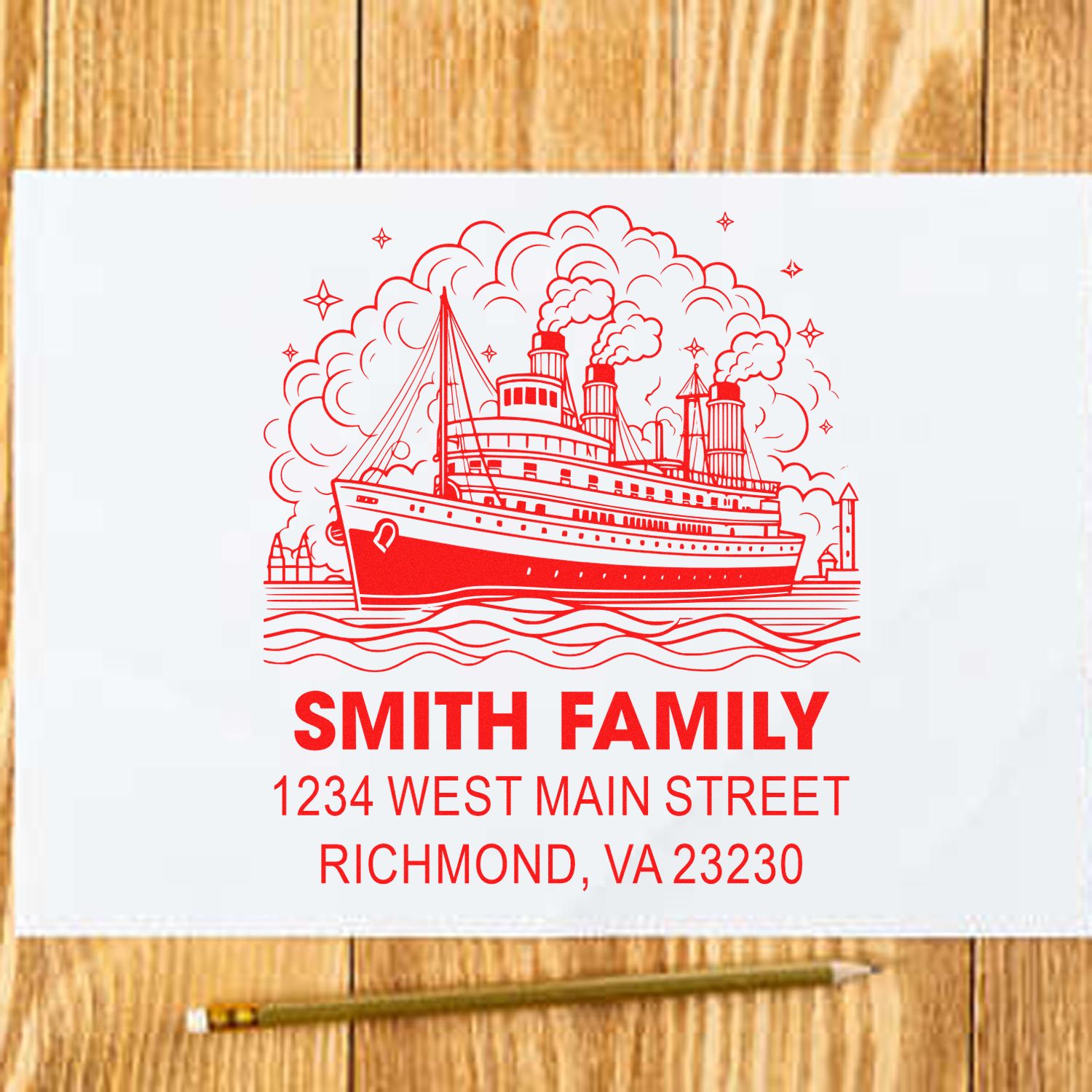 Personalized family return address rubber stamp with ship design for envelopes, invitations, and mailing labels.