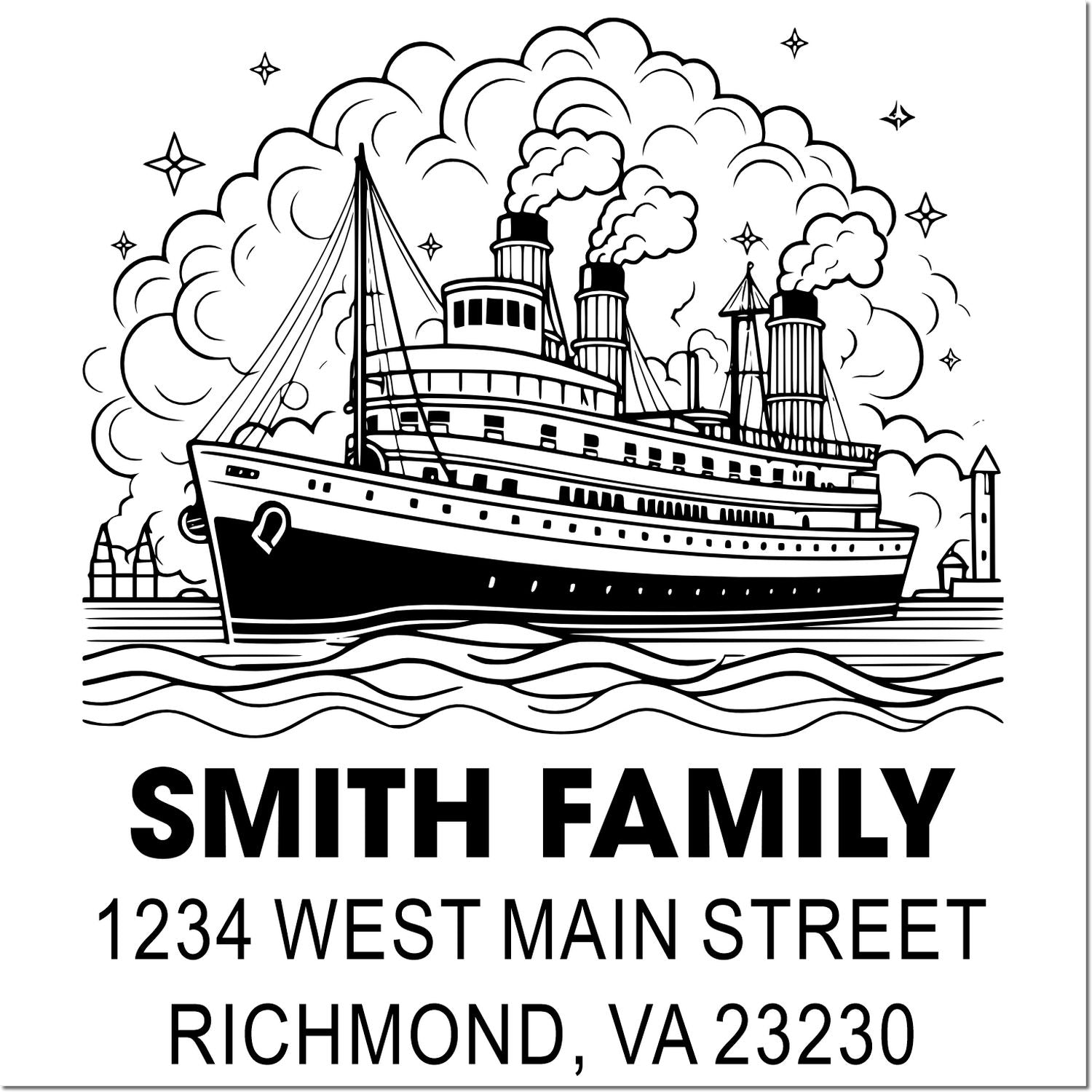 Custom return address rubber stamp with steamboat design for Smith Family, 1234 West Main Street, Richmond, VA 23230.