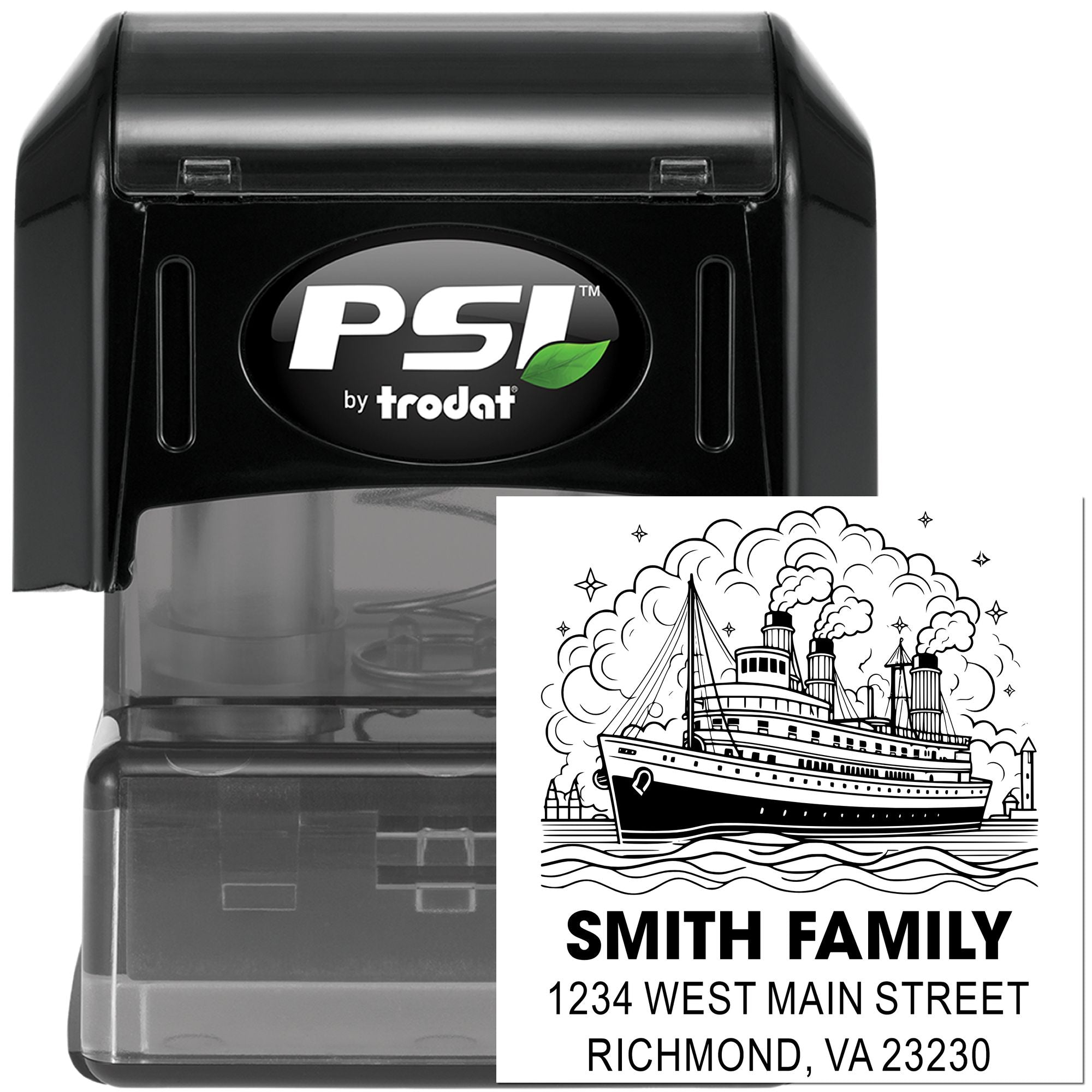 PSI by Trodat self-inking rubber stamp with custom family return address and ship illustration for mailing and branding