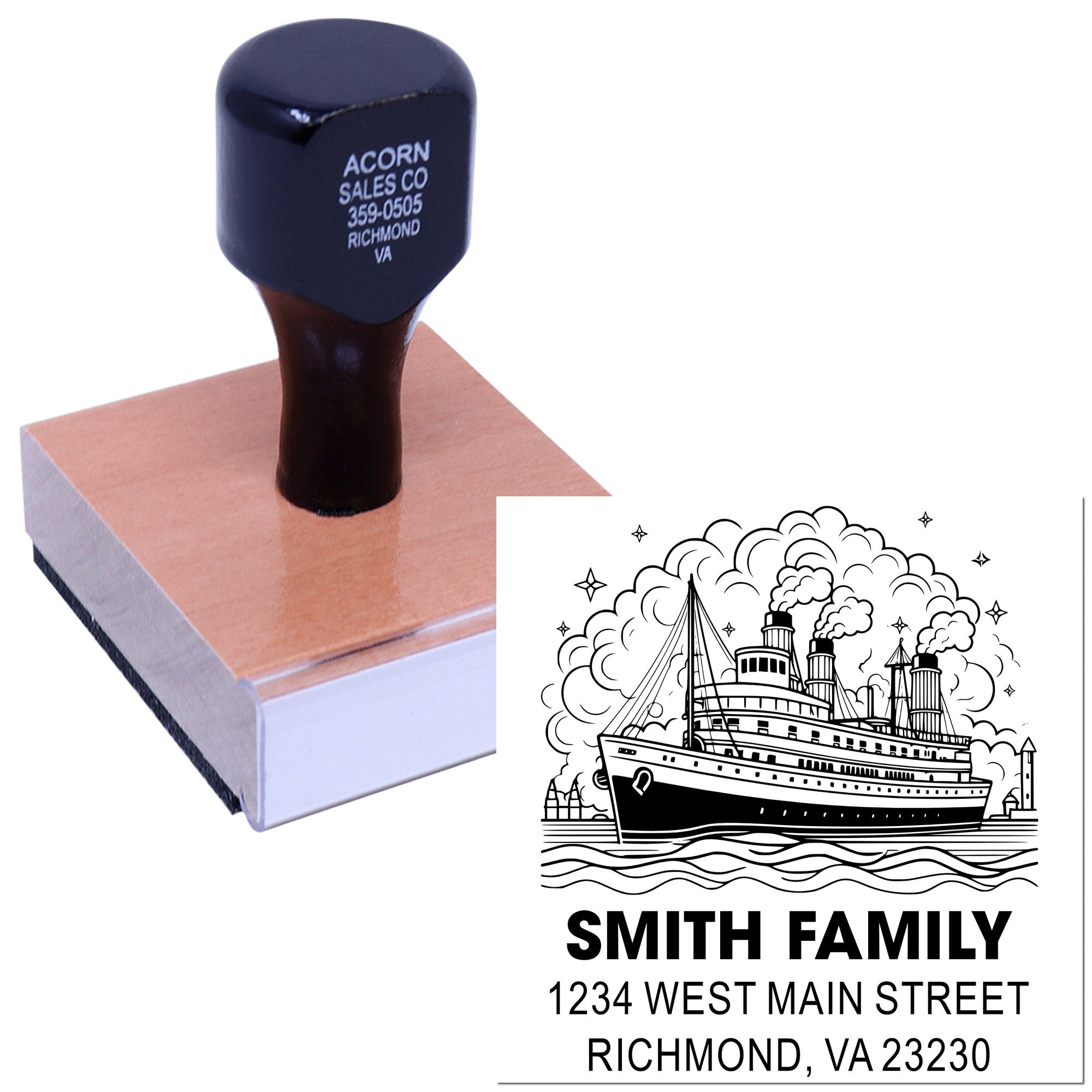 Custom address rubber stamp with ship logo for family mailings, invitations, and personalized business branding.