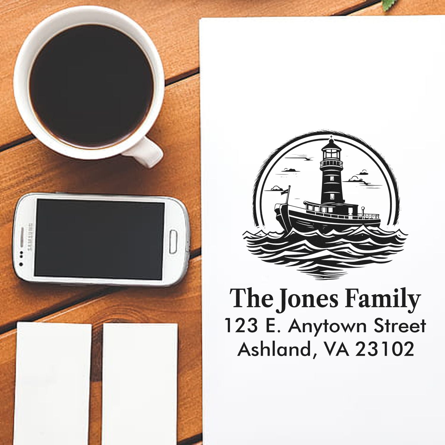 Custom rubber stamp with lighthouse and boat design for The Jones Family address, ideal for personalized mailings.