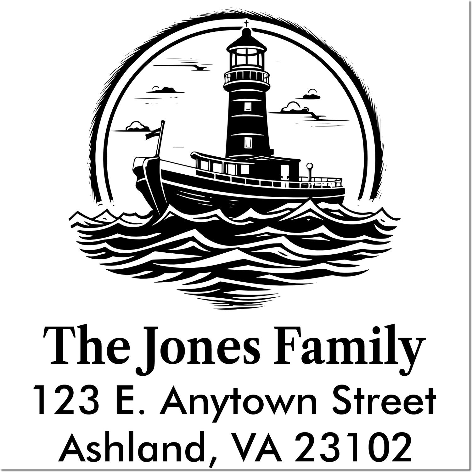 Custom family address rubber stamp with lighthouse and boat, The Jones Family, 123 E. Anytown Street, Ashland, VA 23102.