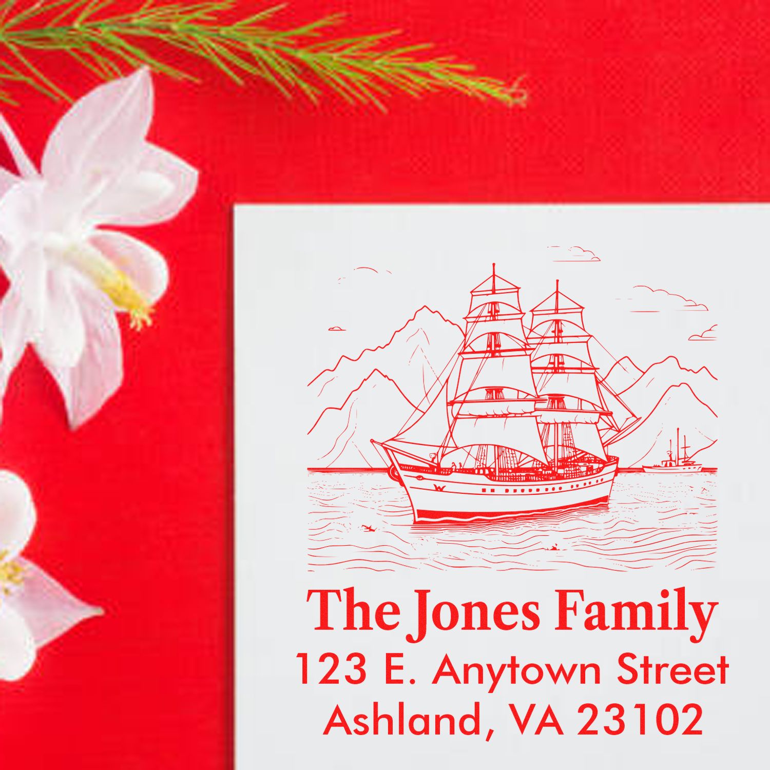 Custom nautical return address rubber stamp with sailing ship design for The Jones Family, Ashland, VA.
