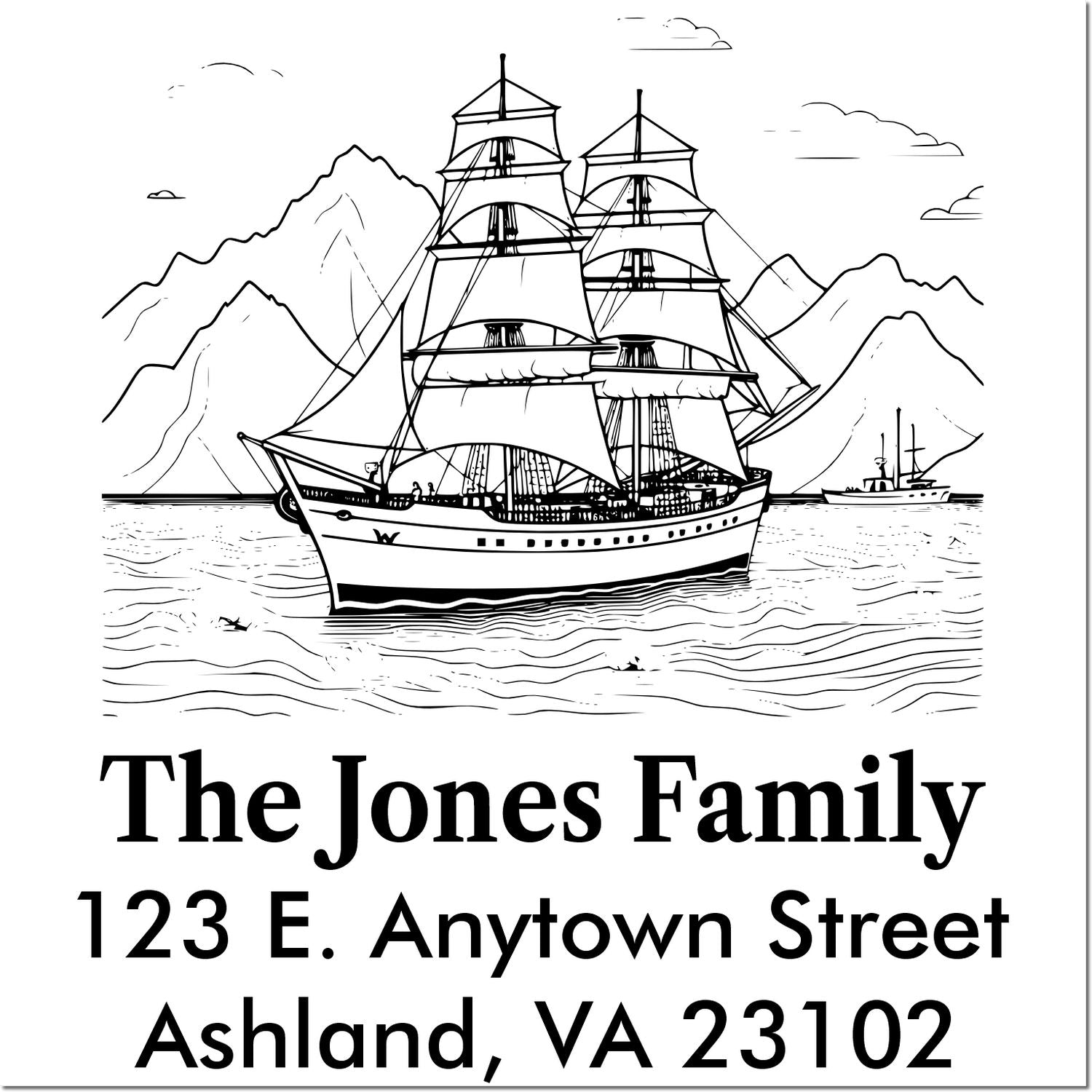 Personalized rubber stamp with sailing ship illustration and return address for The Jones Family, Ashland, VA 23102.