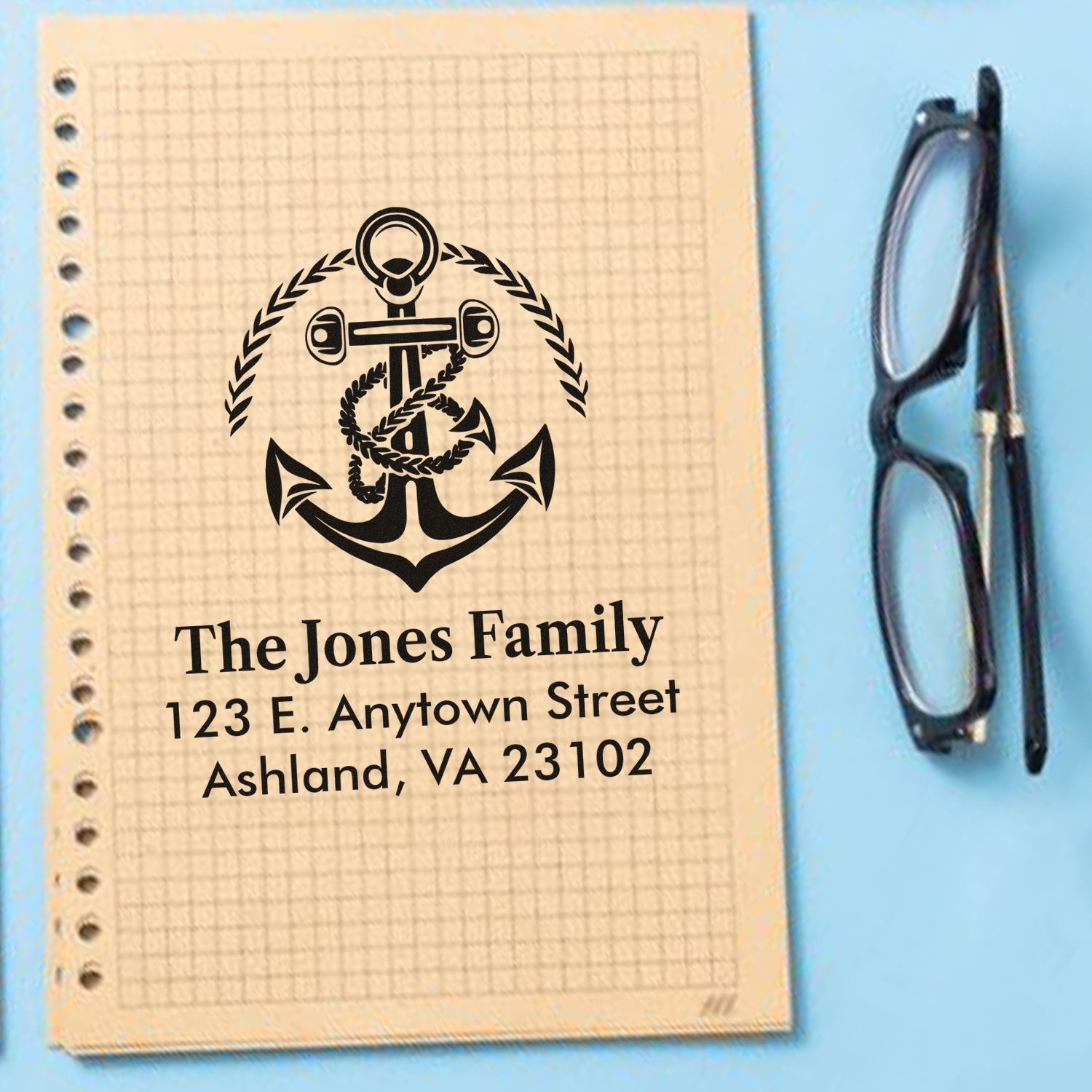 Custom nautical anchor return address rubber stamp for The Jones Family, featuring personalized Ashland, VA mailing address.