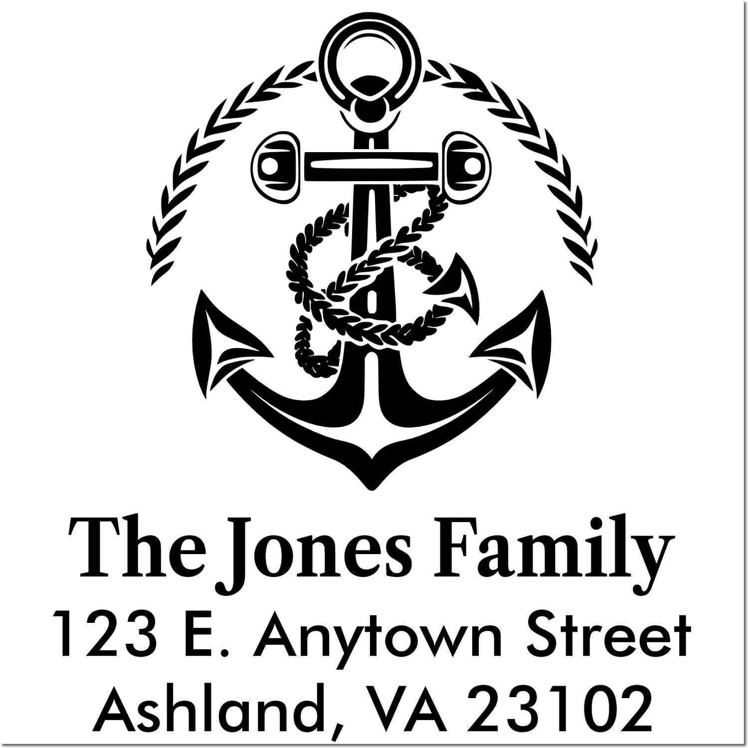 Custom nautical anchor family address rubber stamp for The Jones Family, 123 E. Anytown Street, Ashland, VA 23102.