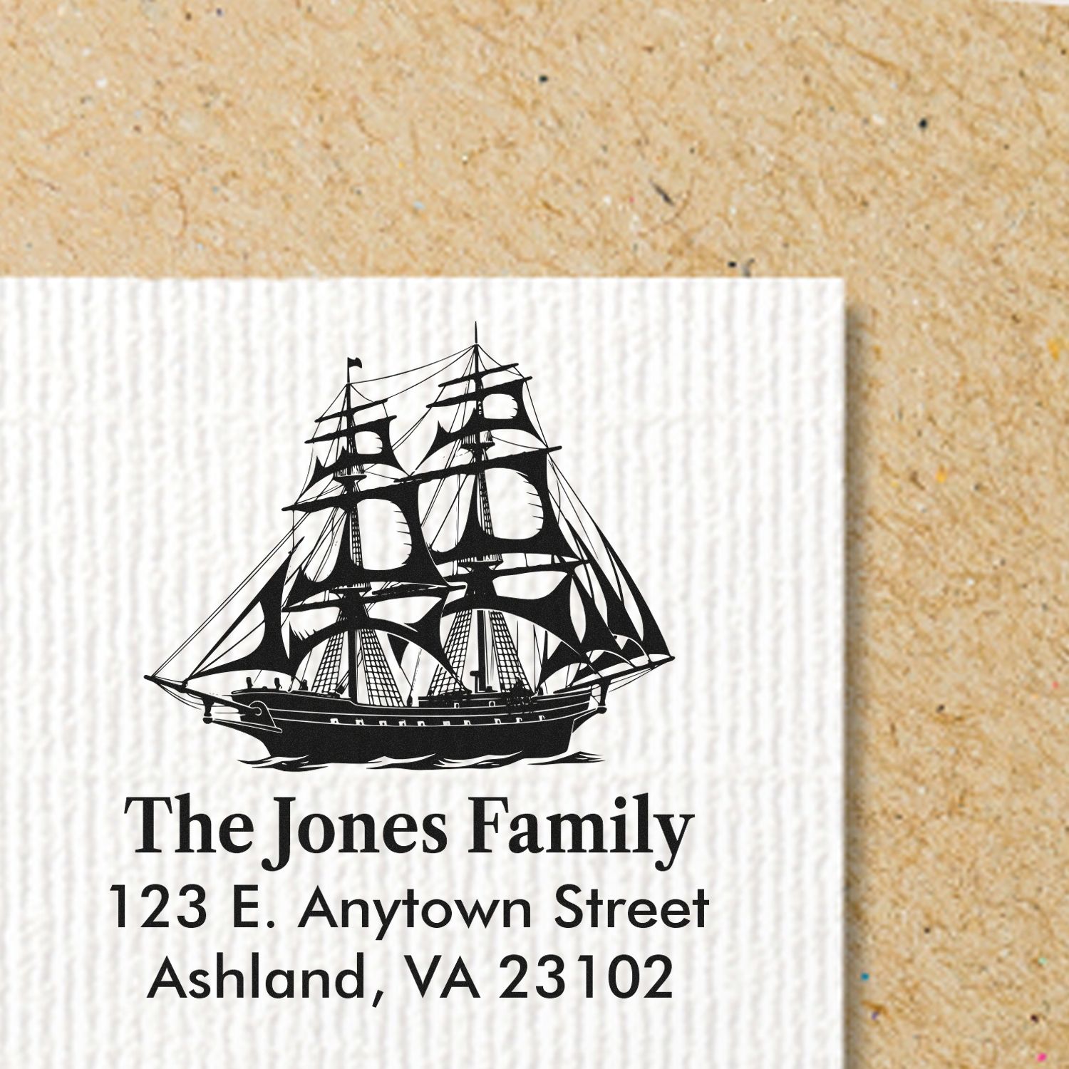 Custom family return address rubber stamp with nautical ship design for The Jones Family, Ashland, VA 23102.