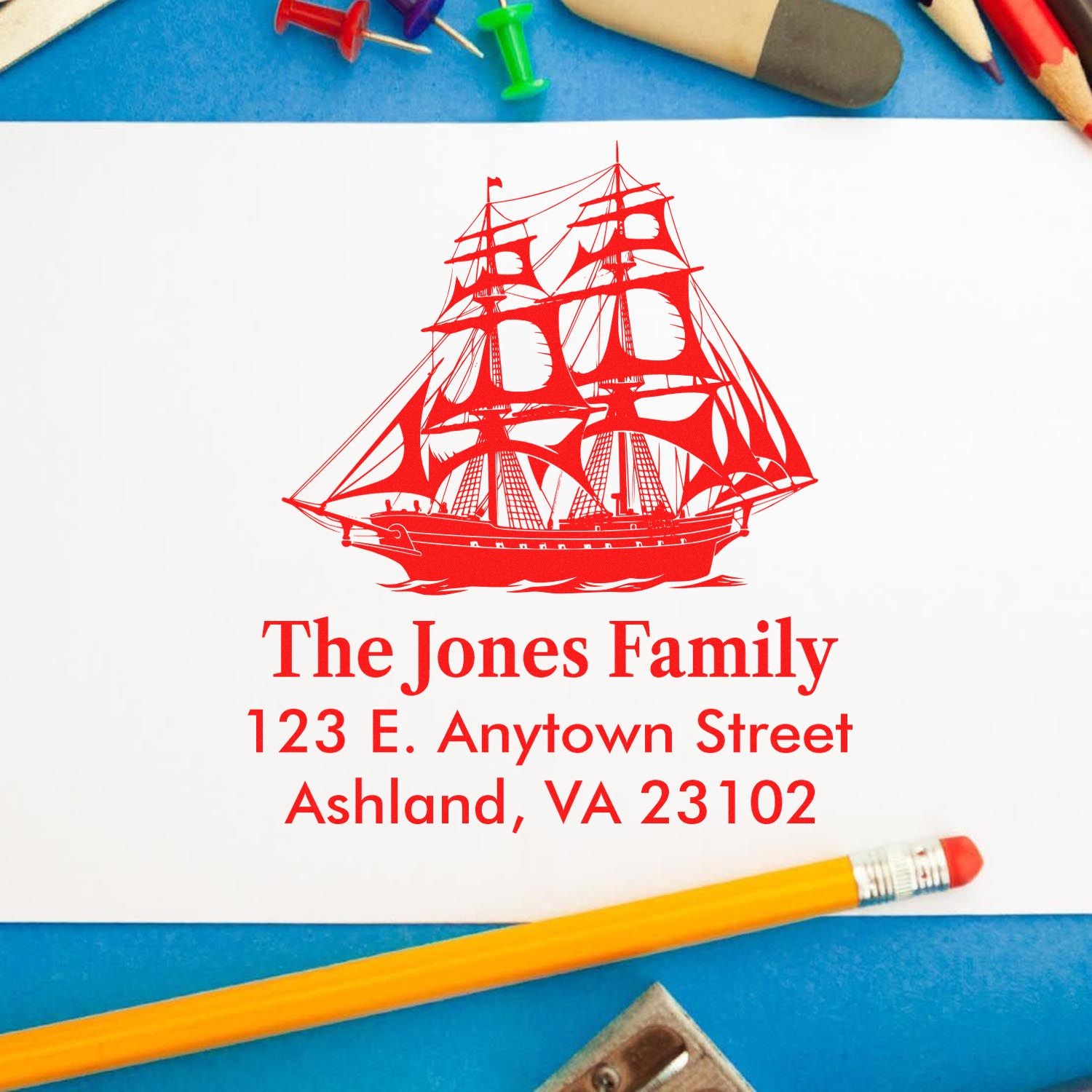 Custom return address rubber stamp with sailing ship design for The Jones Family, Ashland, VA 23102.