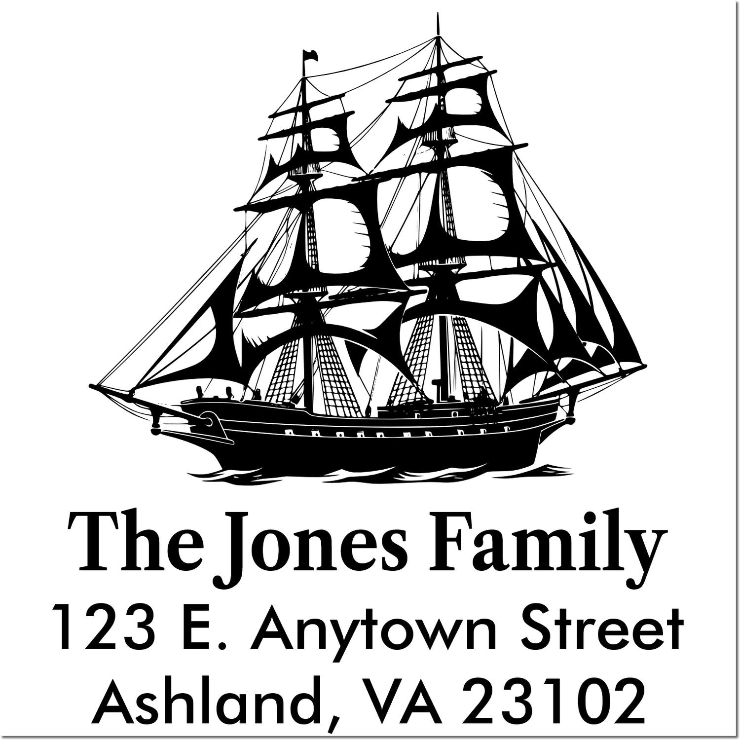 Custom nautical return address rubber stamp with tall ship design for The Jones Family, Ashland, VA 23102.
