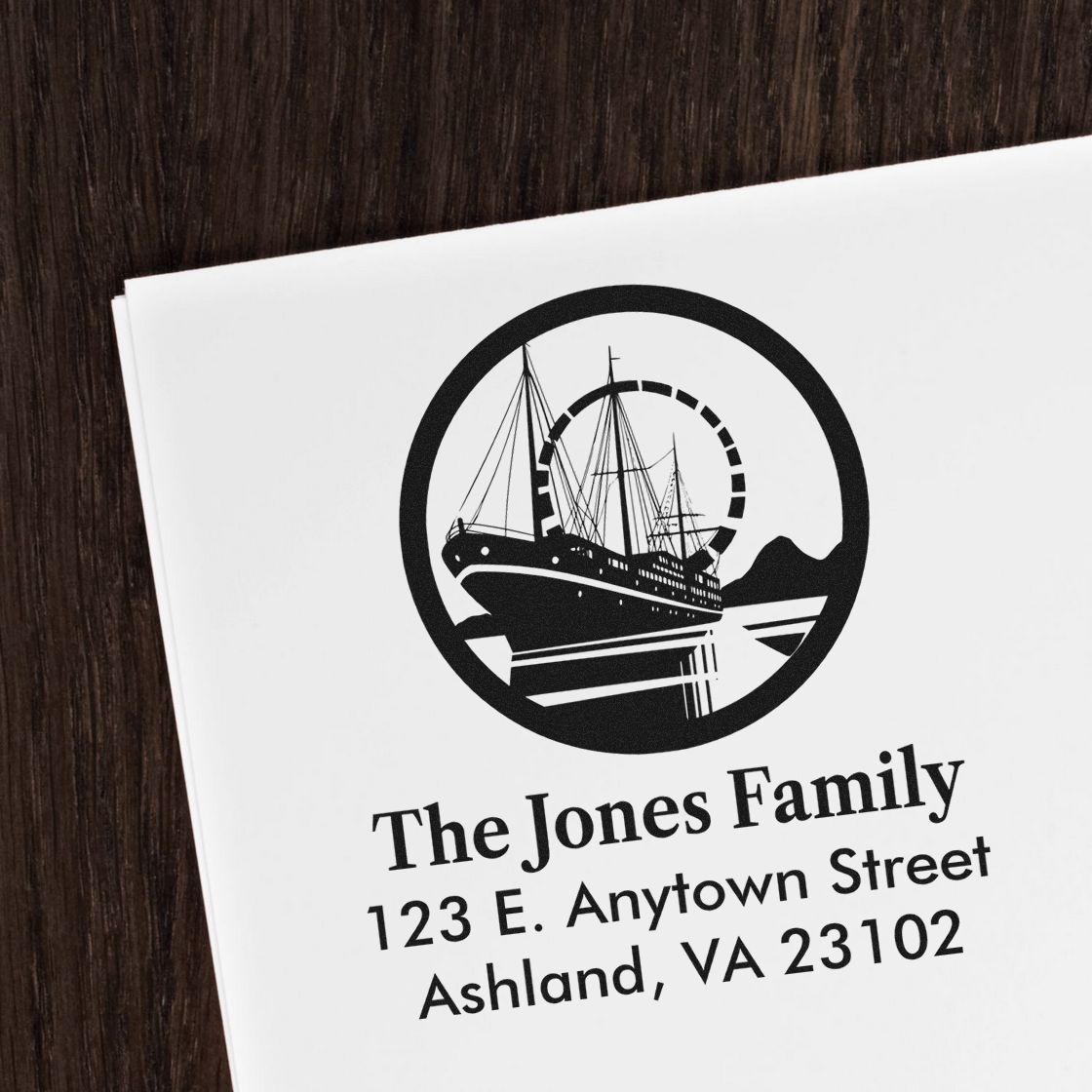 Custom return address rubber stamp with sailboat logo for The Jones Family, Ashland, VA 23102