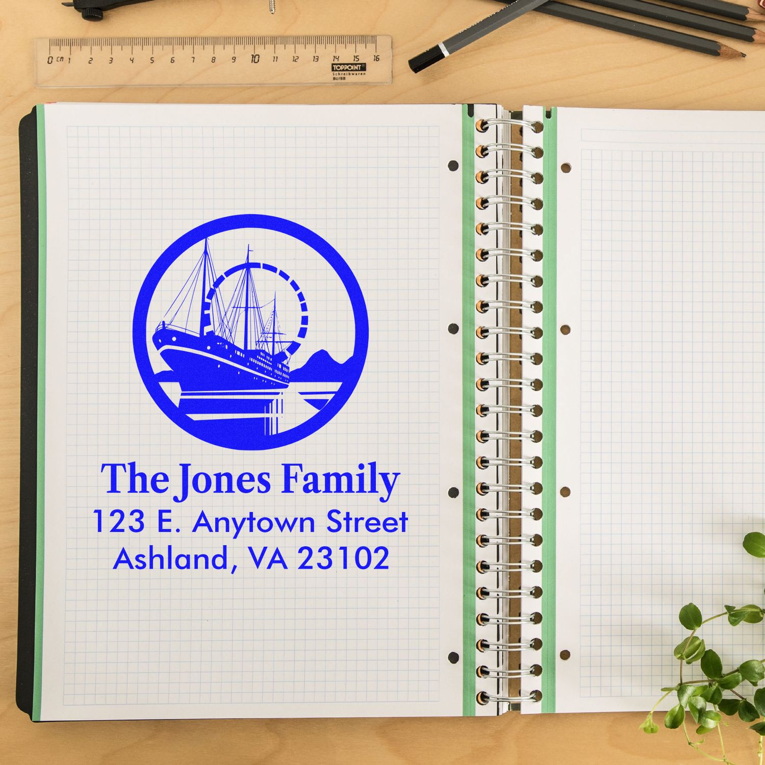 Custom nautical address rubber stamp for The Jones Family with ship logo and Ashland, VA return address.