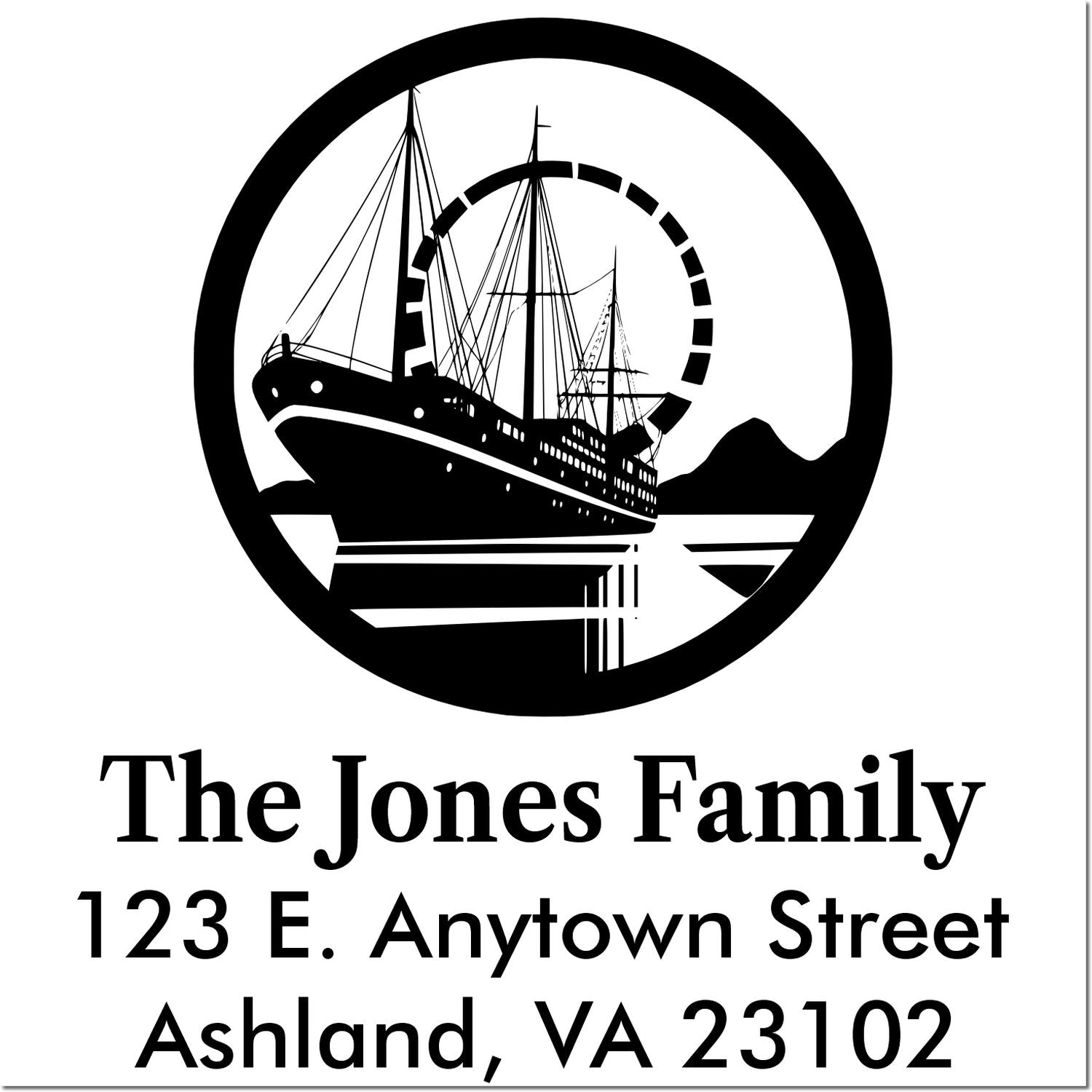 Custom nautical address rubber stamp with sailboat logo for The Jones Family, 123 E. Anytown Street, Ashland, VA 23102