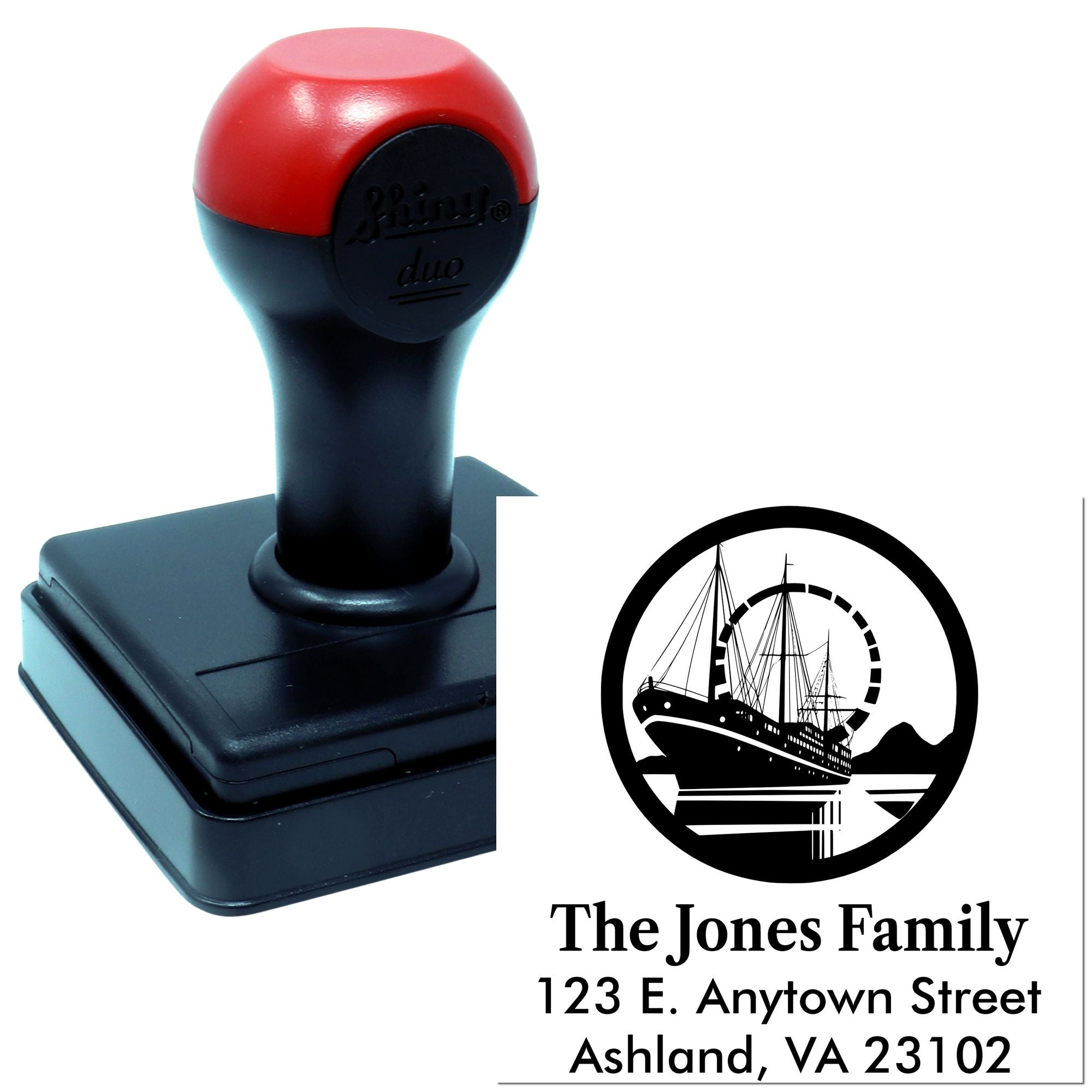 Custom self-inking rubber stamp with sailboat family address design for The Jones Family, 123 E. Anytown Street, Ashland VA.