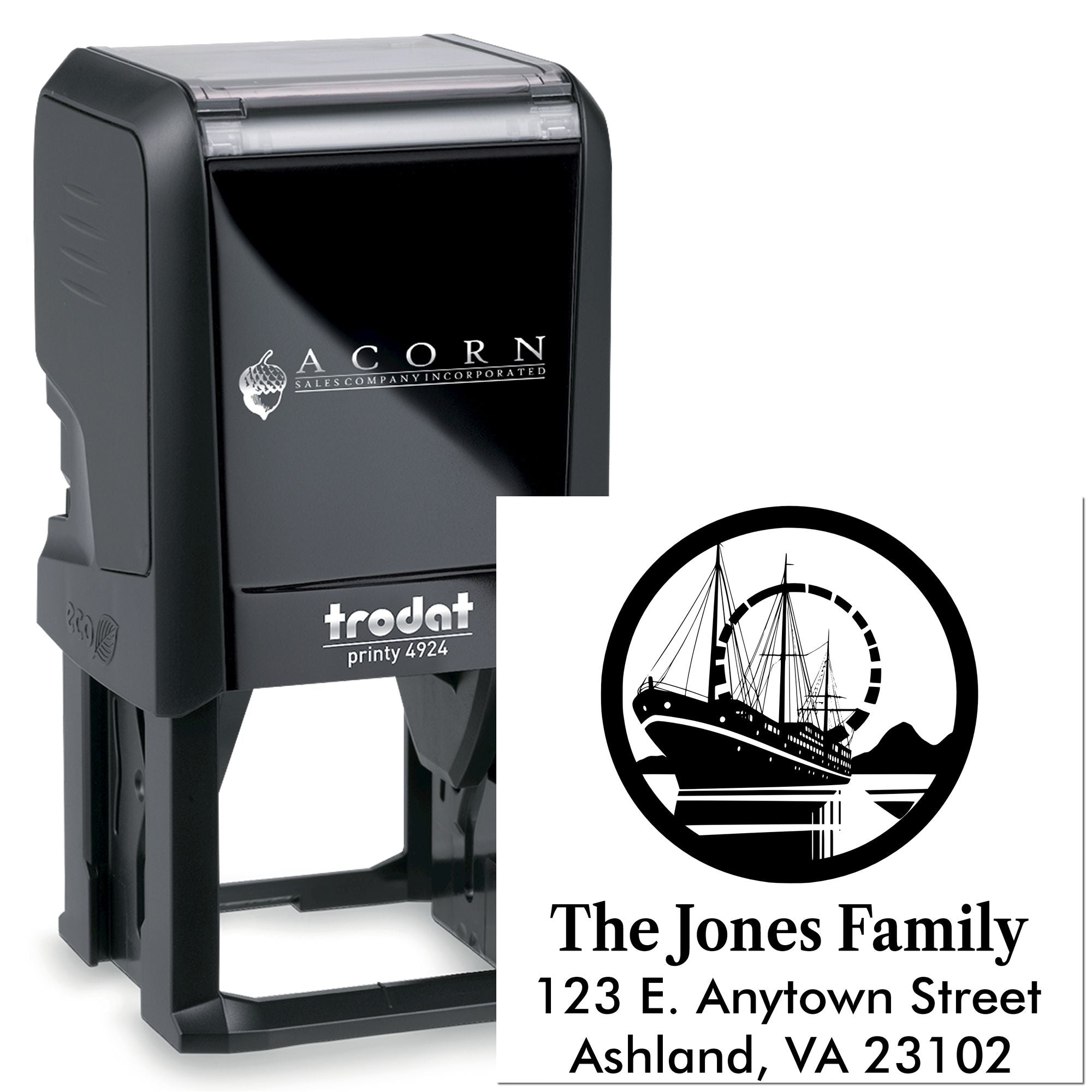Custom Trodat self-inking rubber return address stamp with ship logo and family address for mailings.
