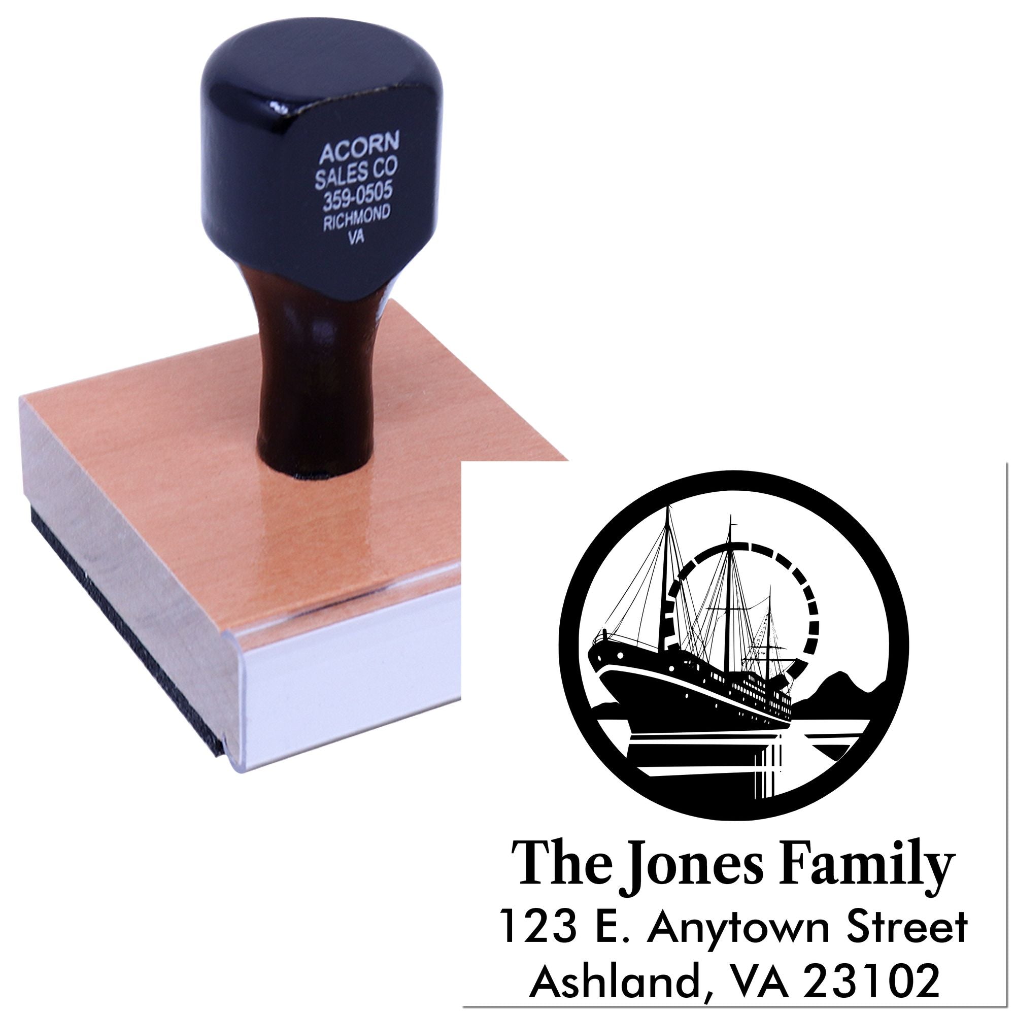 Personalized return address rubber stamp with ship logo, shown with The Jones Family sample imprint and Ashland, VA address.