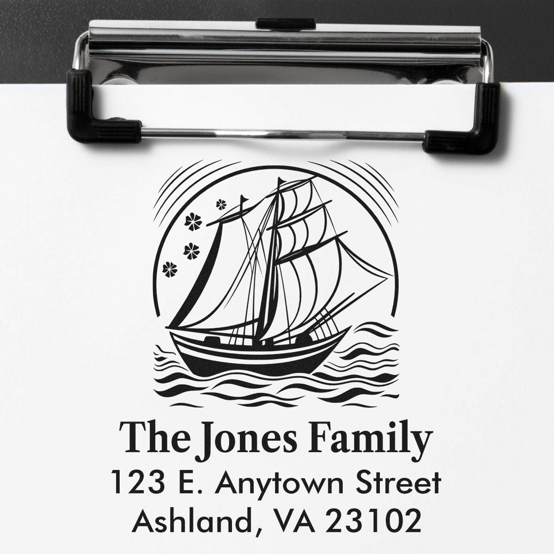 Custom return address rubber stamp with sailboat design for The Jones Family, Ashland, VA.