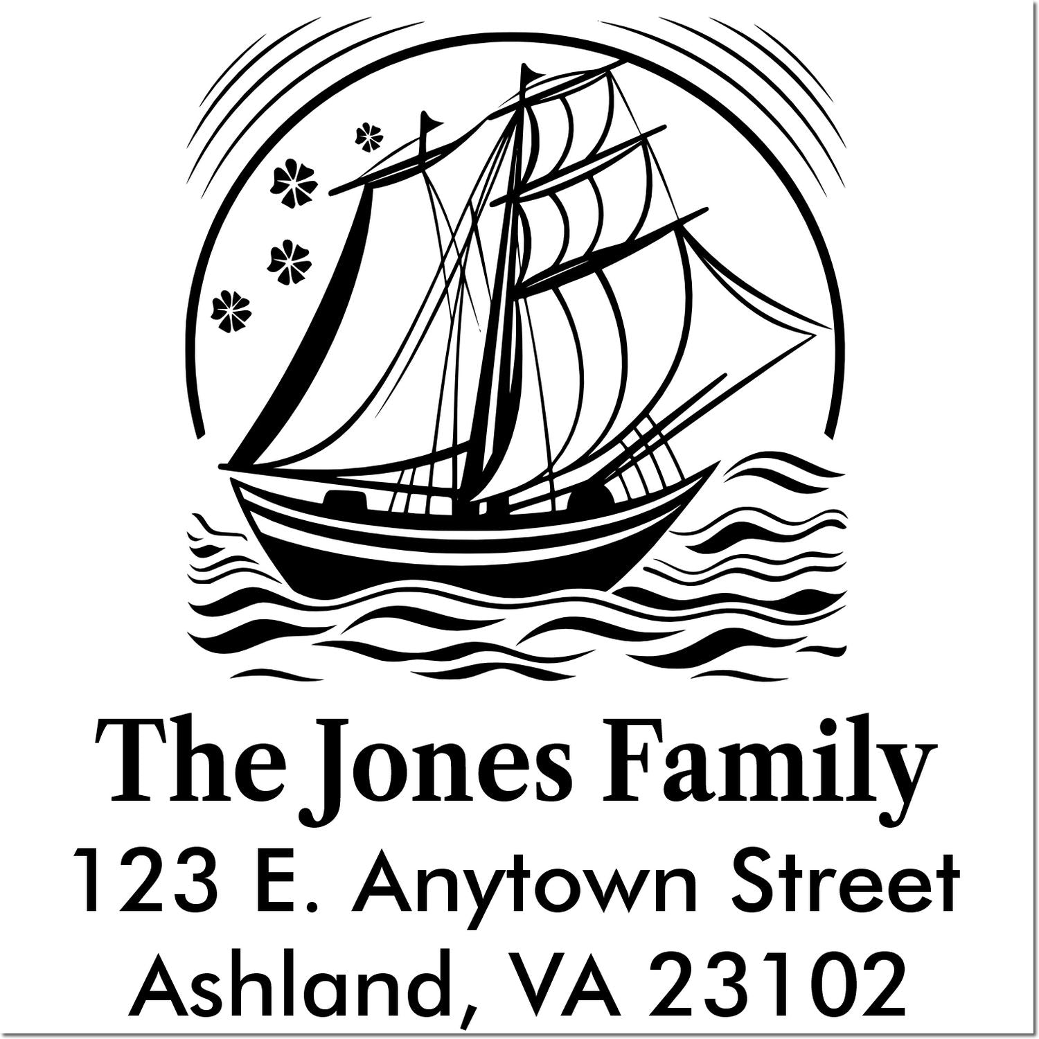 Personalized sailboat return address rubber stamp for The Jones Family, 123 E. Anytown Street, Ashland, VA 23102
