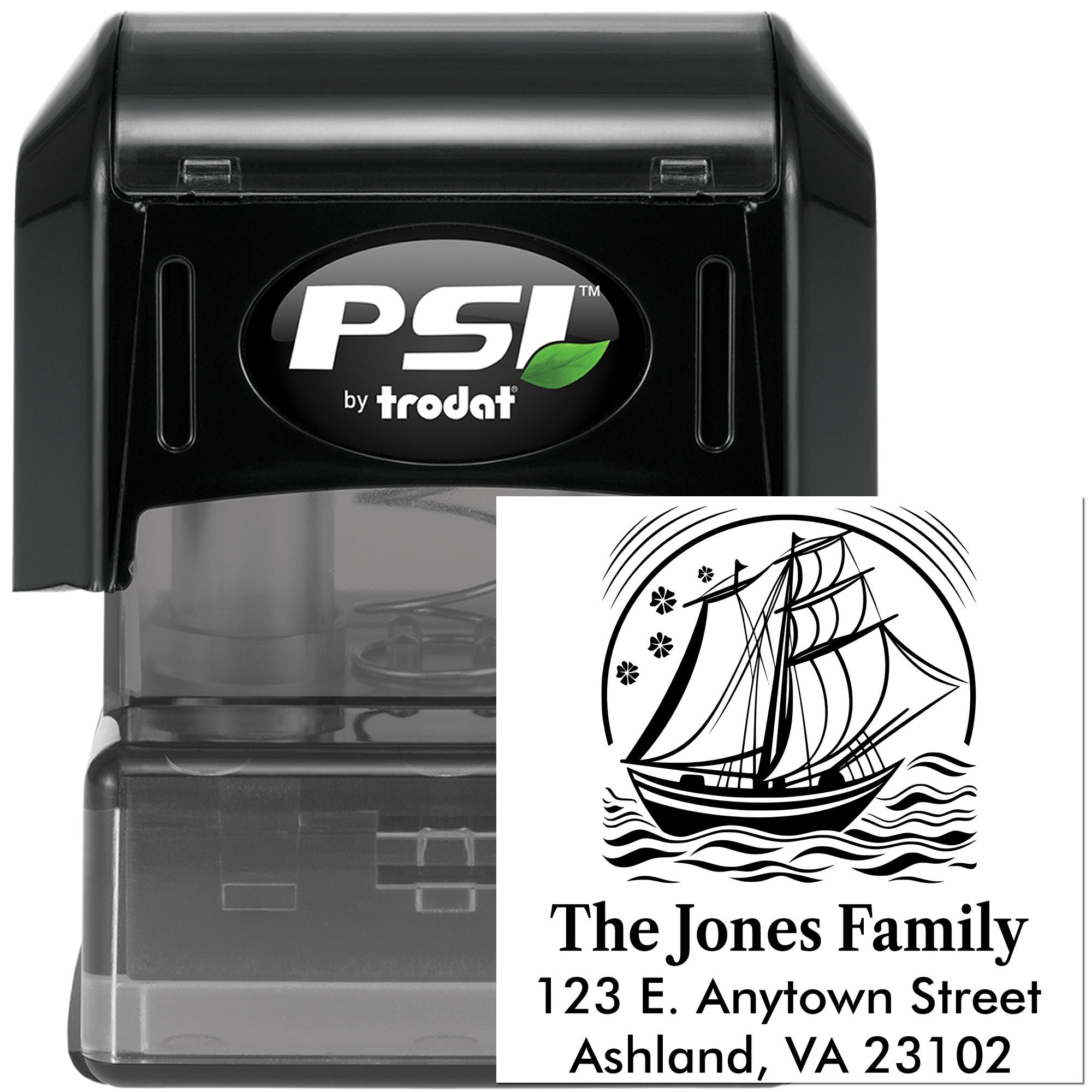 Custom self-inking address stamp by PSI Trodat with ship logo and family return address imprint.