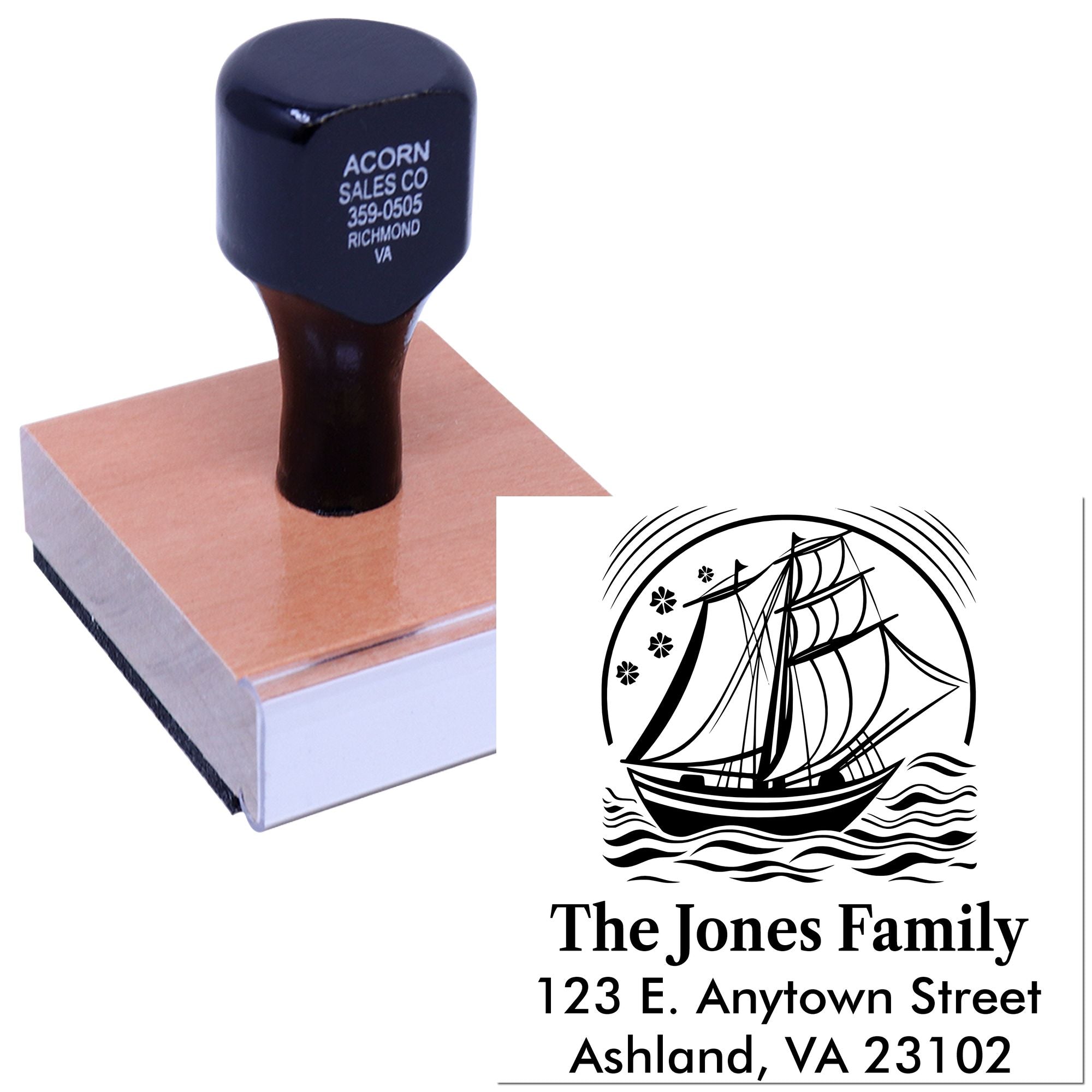 Custom rubber stamp with nautical ship address design, shown printing a personalized family name and mailing address.
