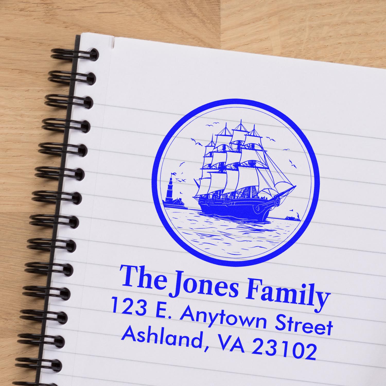 Personalized nautical return address rubber stamp with sailing ship logo for The Jones Family, Ashland, VA.