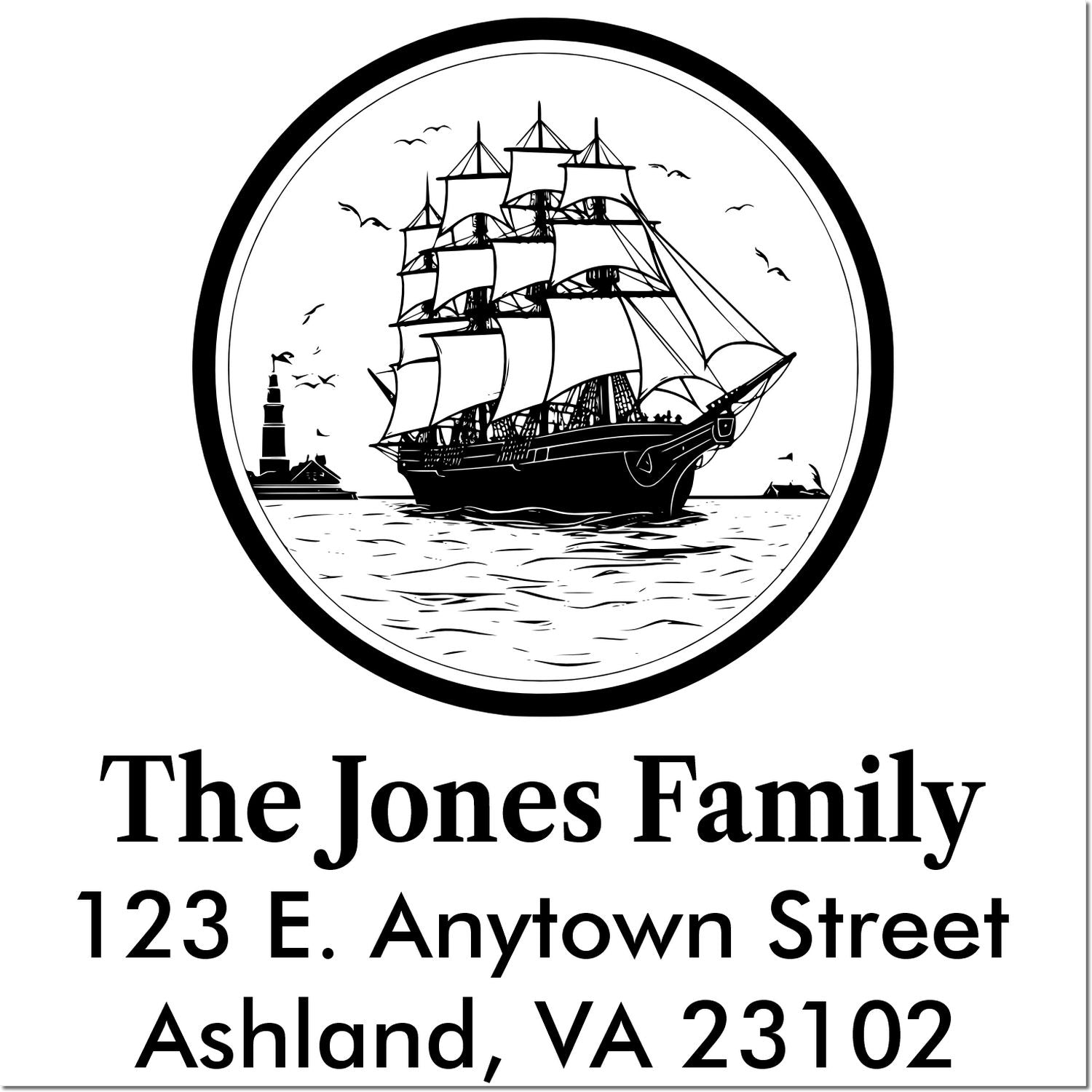 Custom family return address rubber stamp with tall ship and lighthouse design, The Jones Family, Ashland, VA 23102.