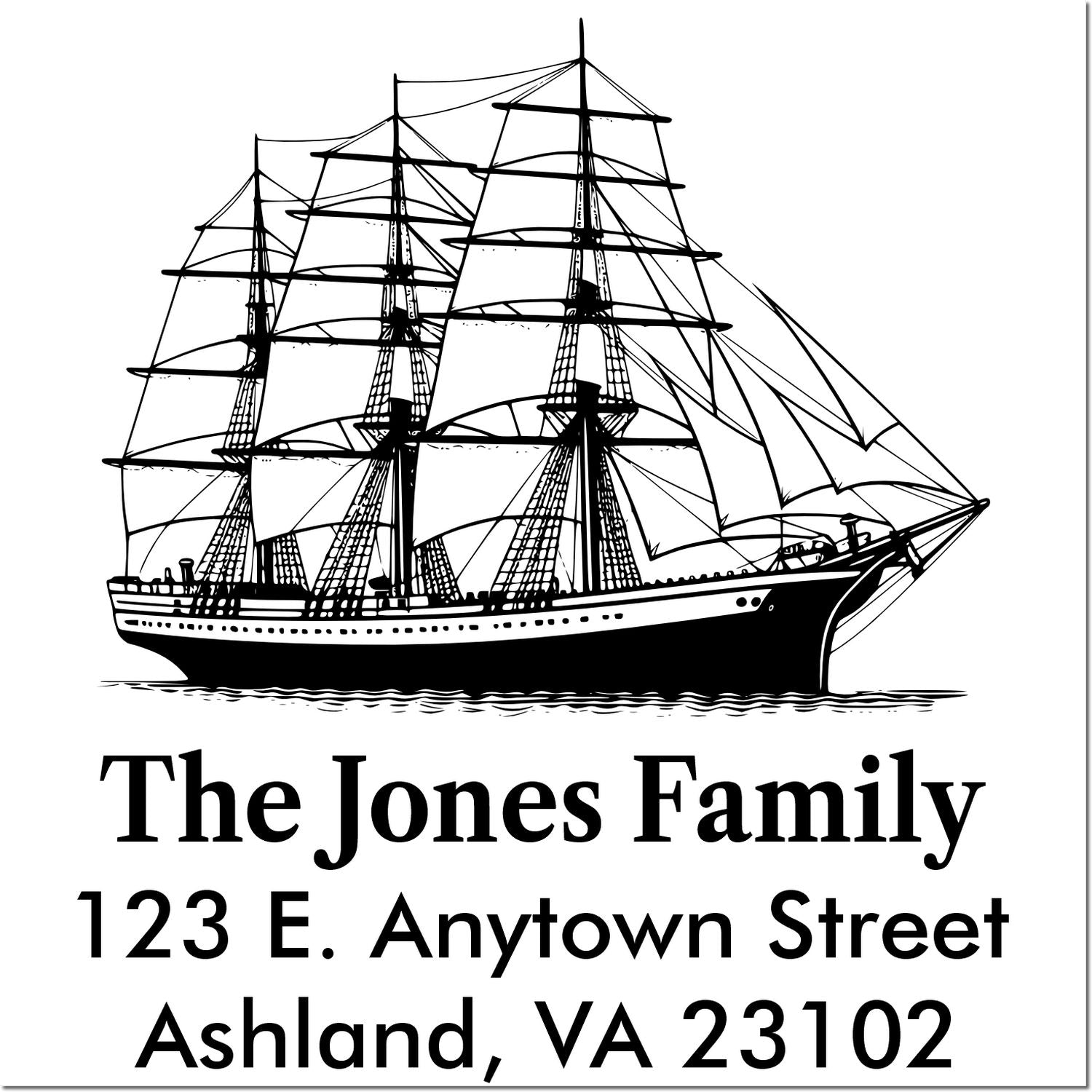 Custom return address rubber stamp with tall ship illustration, The Jones Family, 123 E. Anytown Street, Ashland, VA 23102