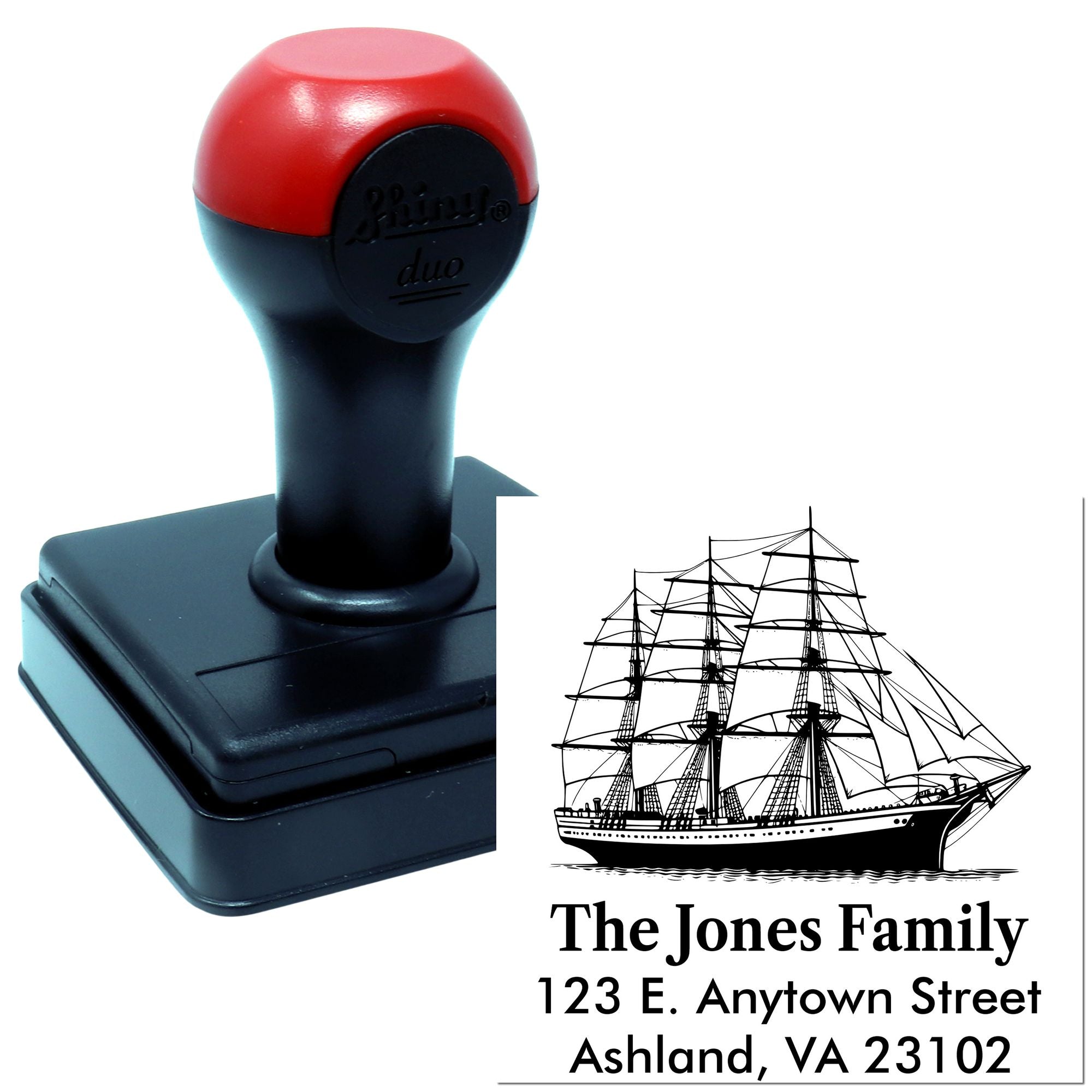 Custom self-inking rubber stamp with tall ship design for personalized family address labels and stationery.