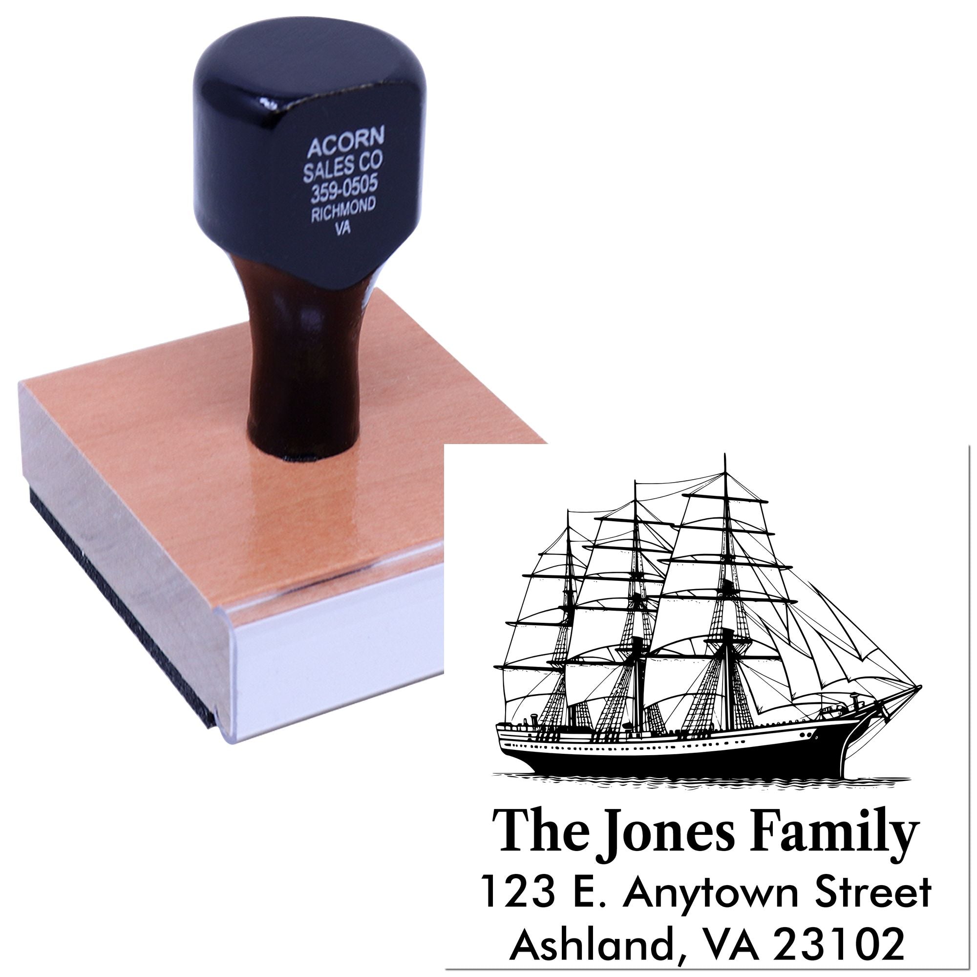 Custom rubber stamp with sailboat return address design for personalized family mailing and stationery labeling.