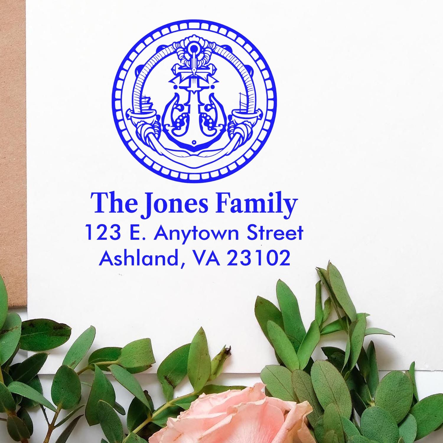 Custom nautical return address rubber stamp for The Jones Family, Ashland, VA 23102