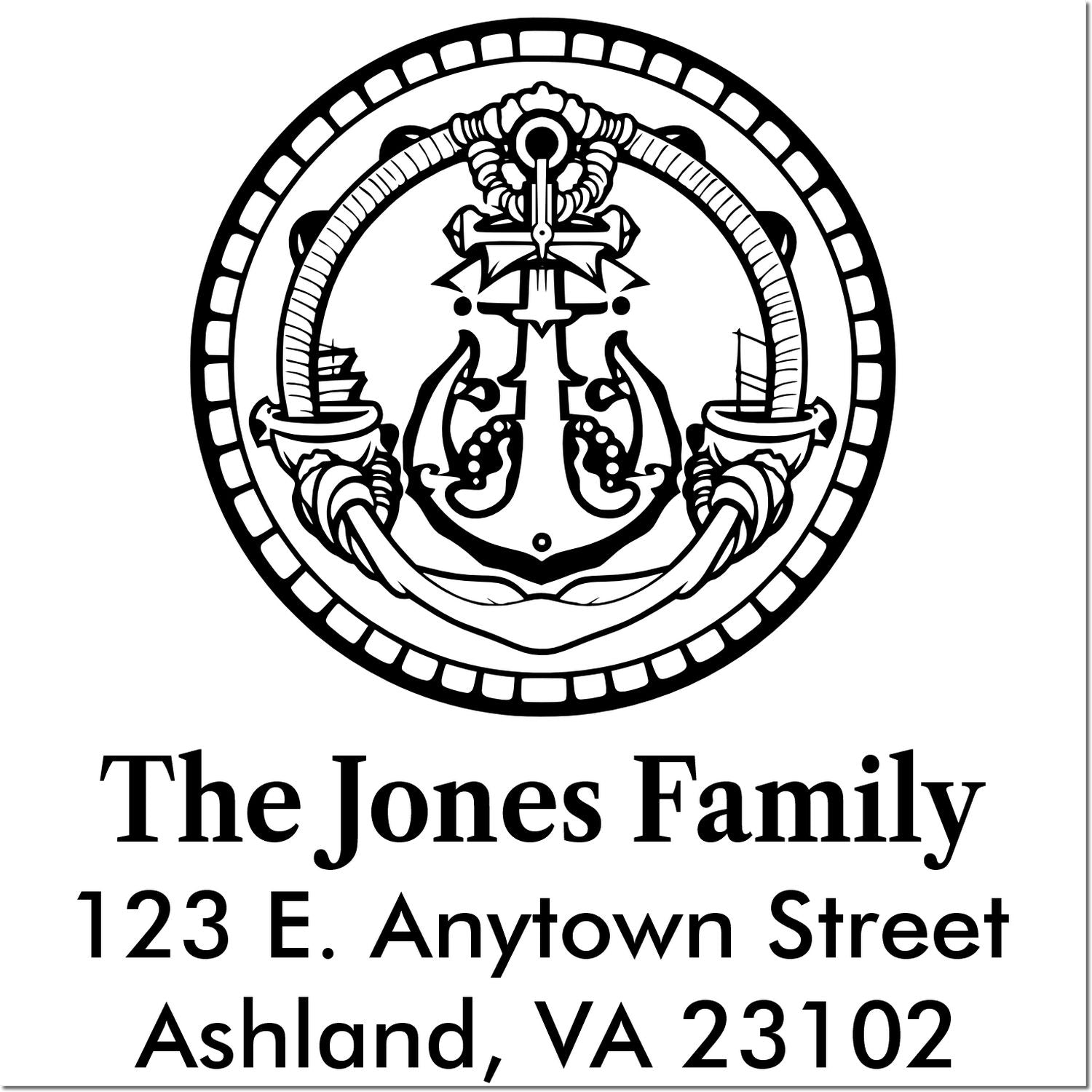 Custom nautical return address rubber stamp with anchor emblem for The Jones Family, Ashland, VA 23102