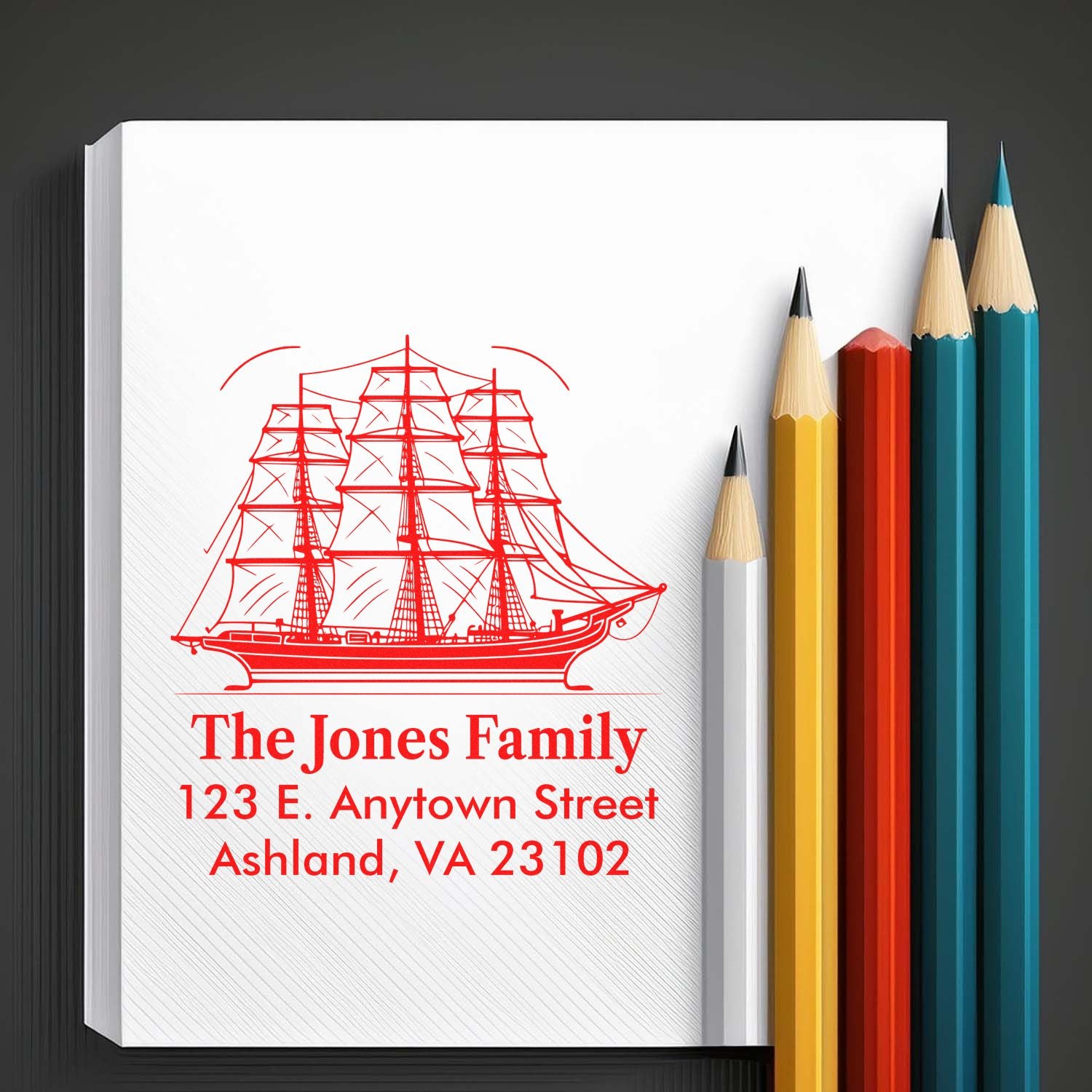 Custom ship return address rubber stamp for The Jones Family, with name and Ashland, VA mailing address.