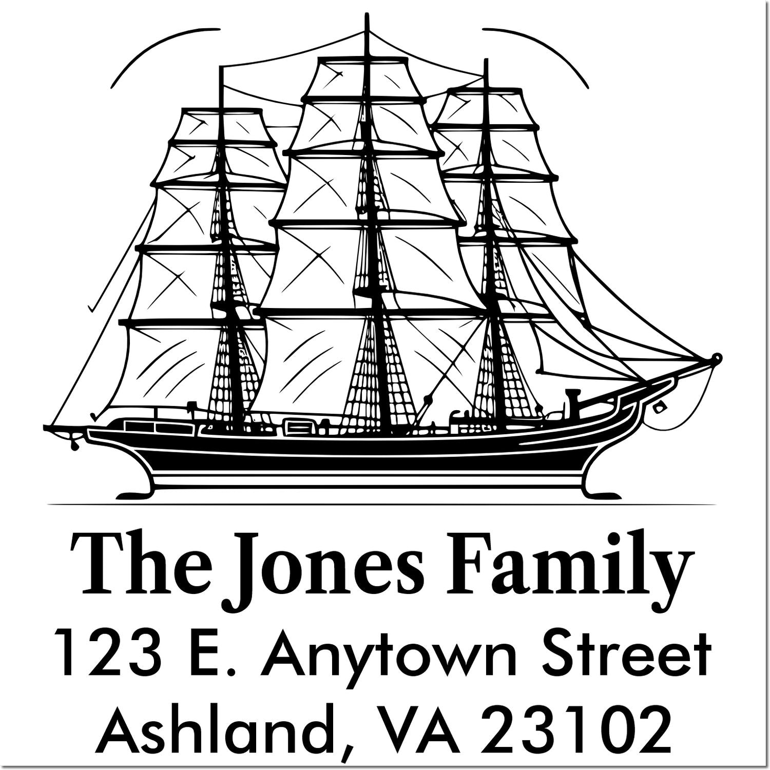 Personalized nautical return address rubber stamp with tall ship design for The Jones Family, 123 E. Anytown Street, Ashland, VA 23102