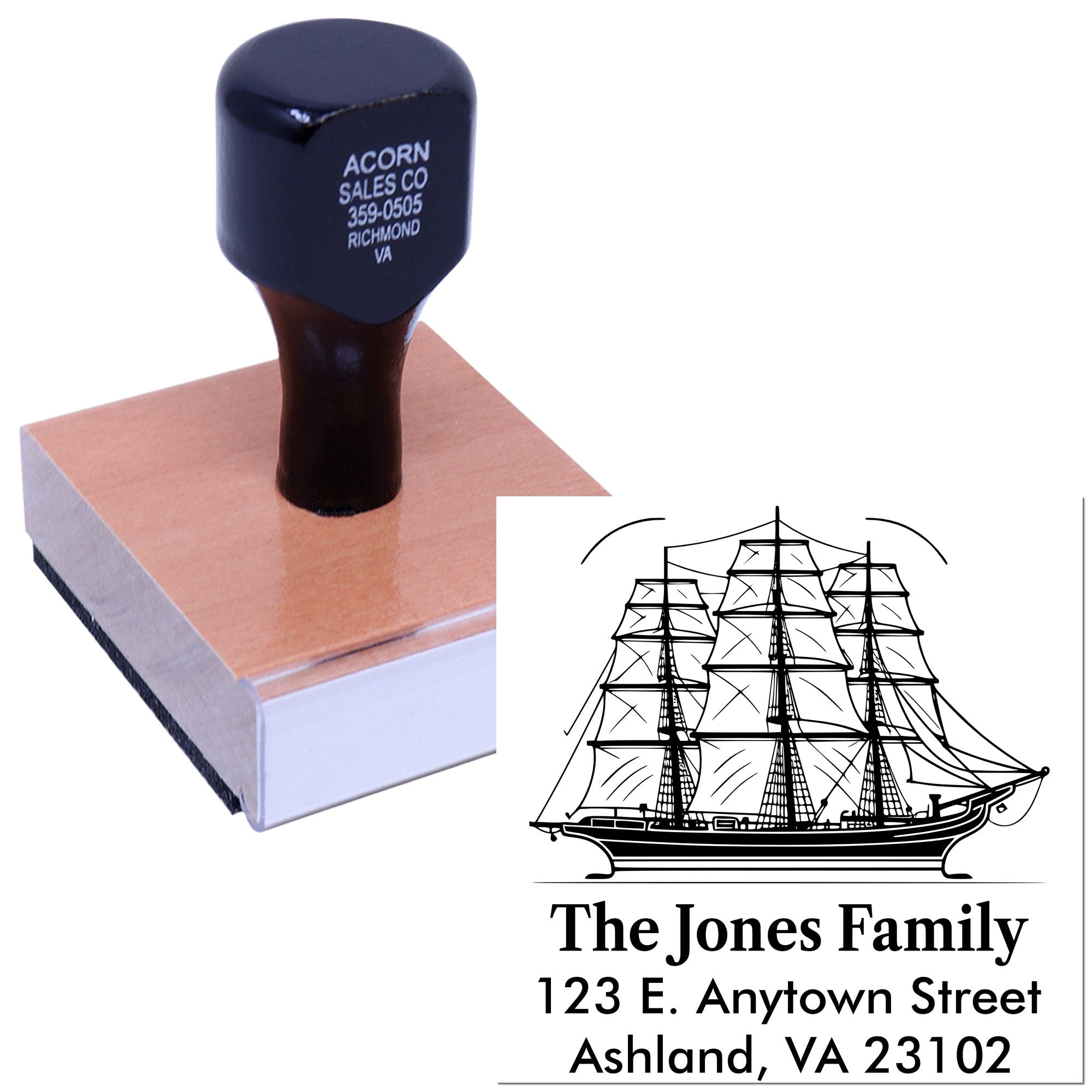 Self-inking custom address rubber stamp with ship logo for The Jones Family mailing and business use.