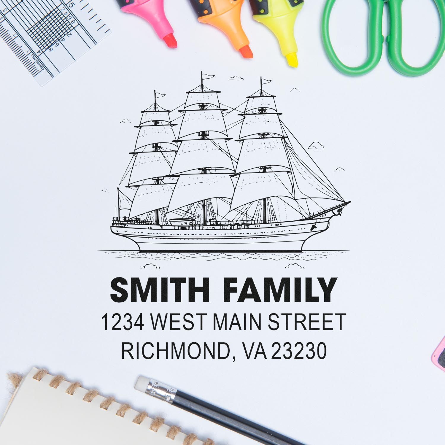 Custom return address rubber stamp with tall ship design for Smith Family, Richmond, VA 23230.
