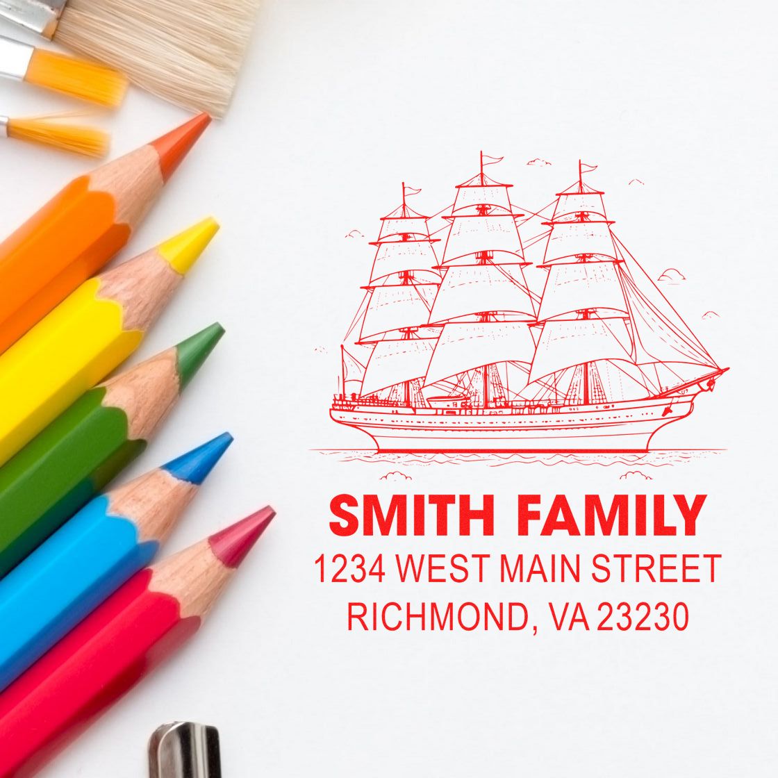 Custom return address rubber stamp with sailing ship design for Smith Family, 1234 West Main Street, Richmond, VA 23230