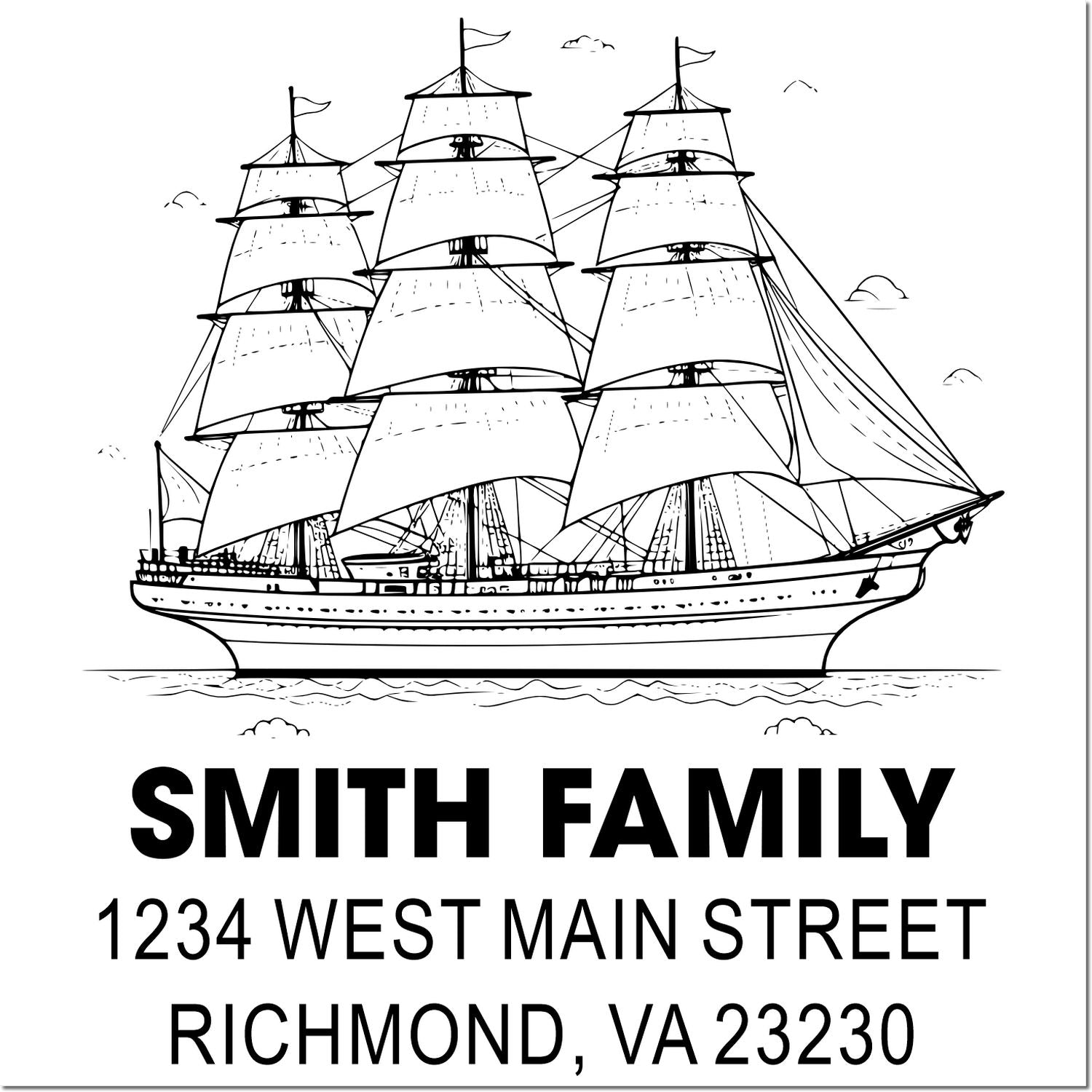 Custom return address rubber stamp with tall ship illustration, Smith Family, 1234 West Main Street, Richmond, VA 23230.