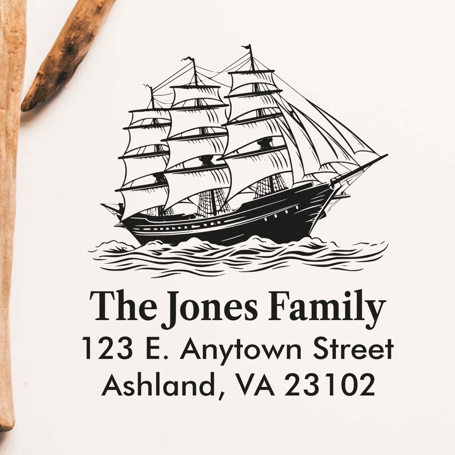 Custom family return address rubber stamp with sailboat design and Ashland, VA address for personalized mailings.
