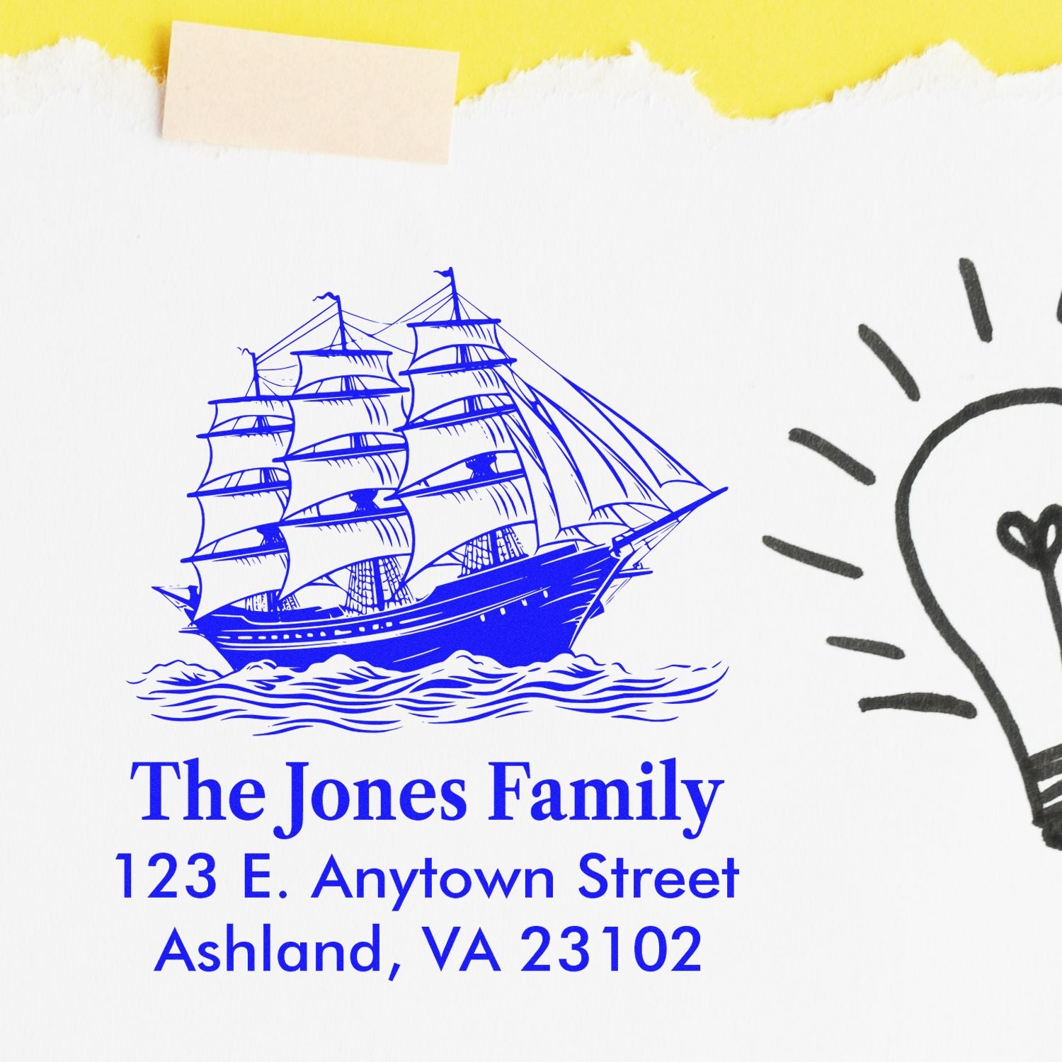 Personalized family return address rubber stamp with sailing ship design for The Jones Family in Ashland, VA.