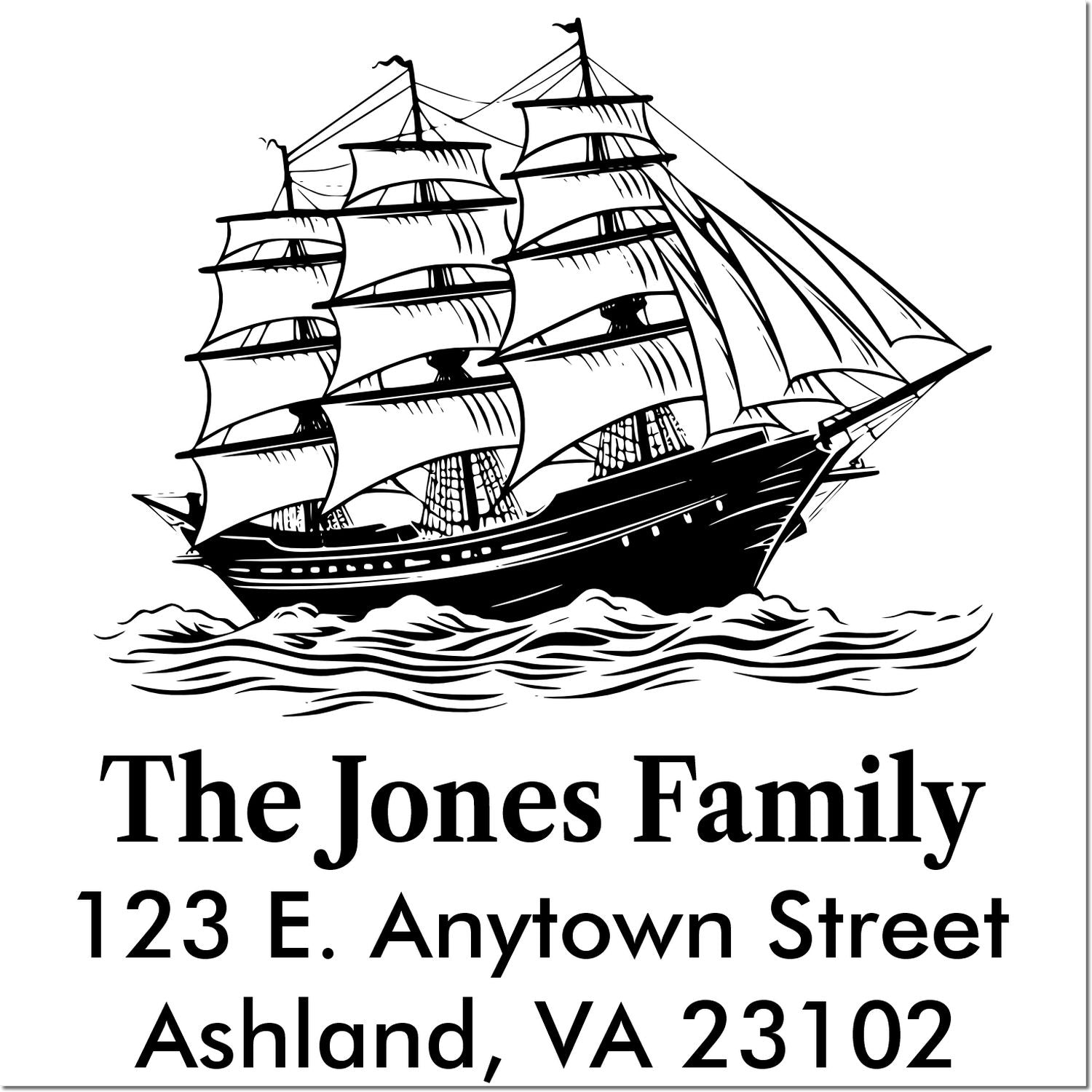 Custom family return address rubber stamp with sailing ship and address: The Jones Family, Ashland, VA 23102