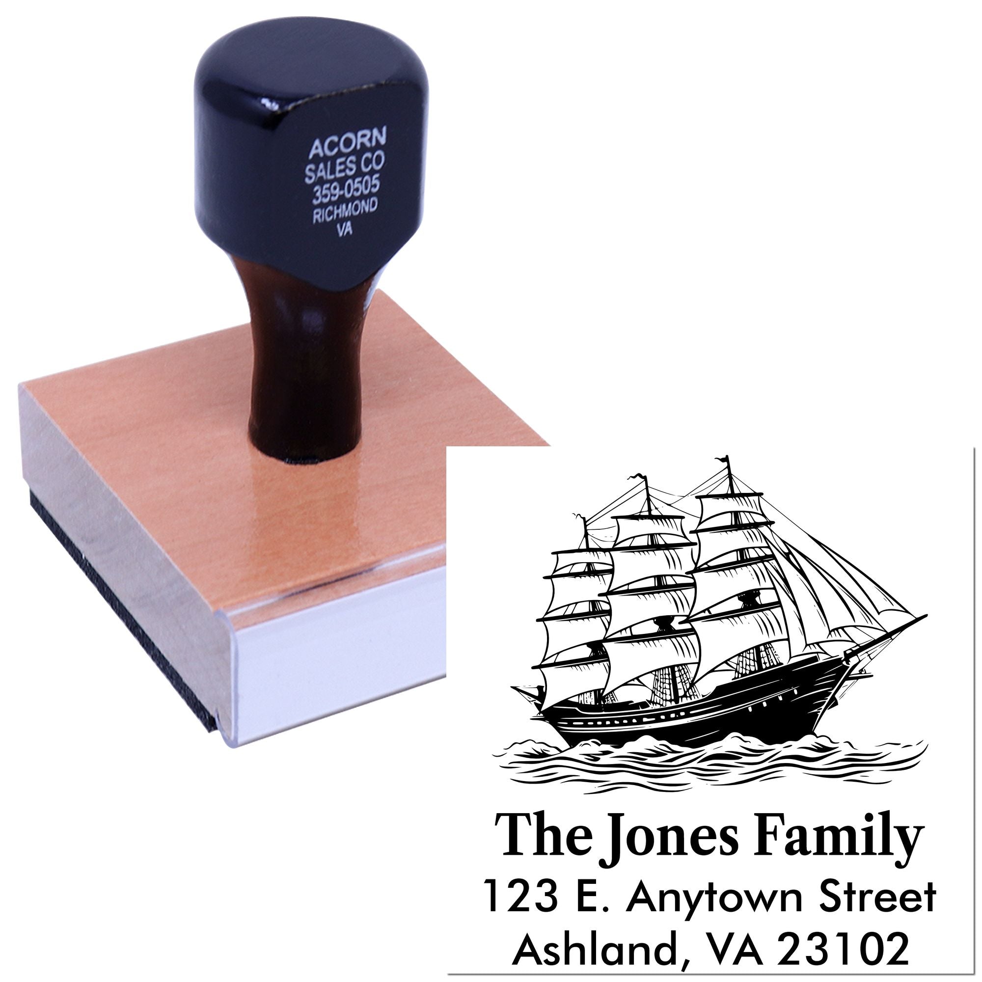 Custom rubber address stamp with sailing ship design for The Jones Family return address.
